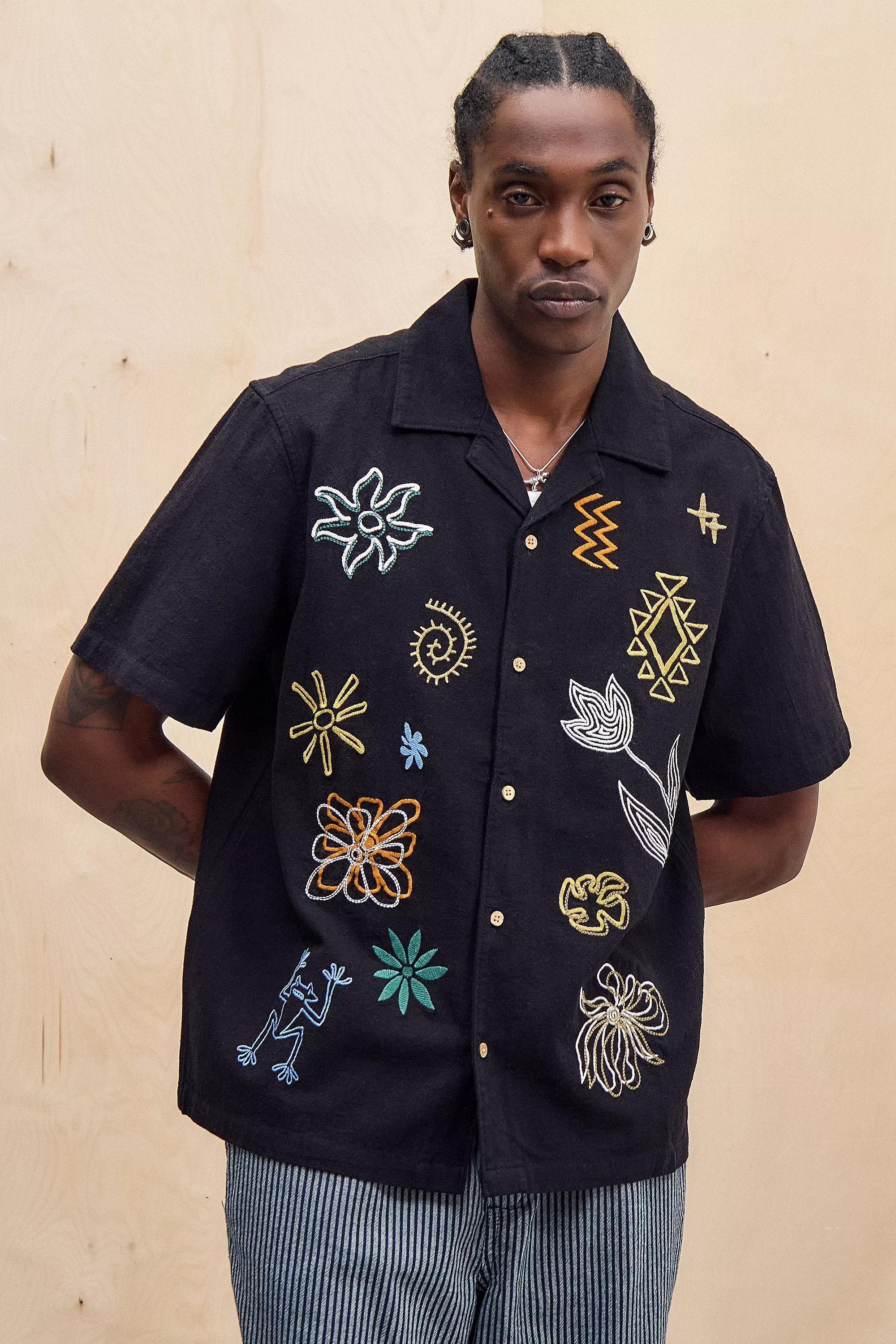 Black Uo Ray Embroidered Slub Shirt, , large image number 0