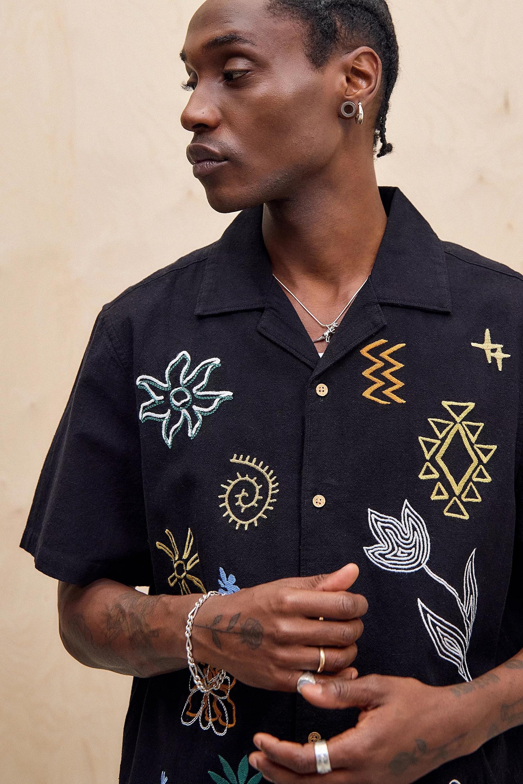 Black Uo Ray Embroidered Slub Shirt, , large image number 2