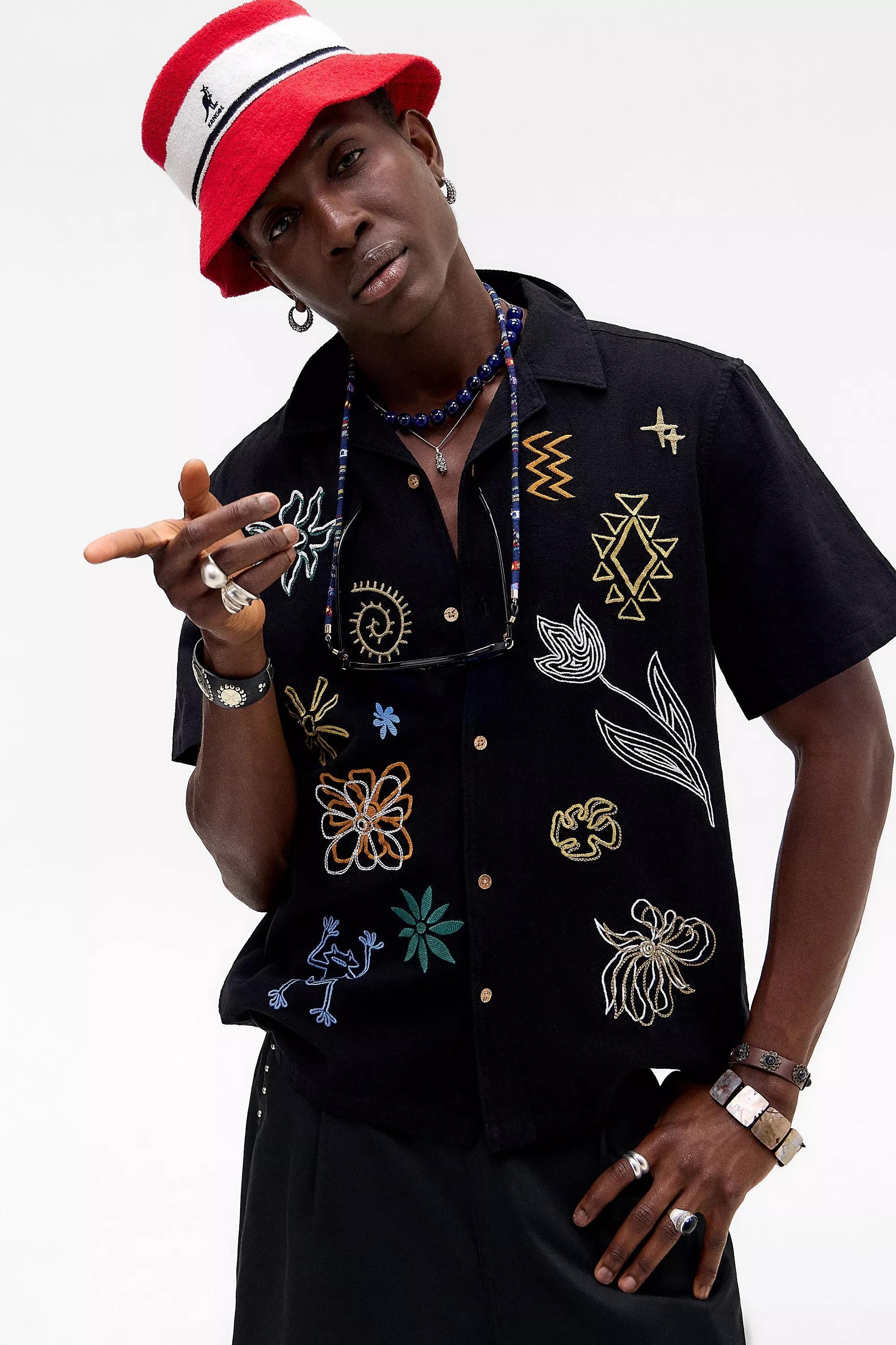 Black Uo Ray Embroidered Slub Shirt, , large image number 4