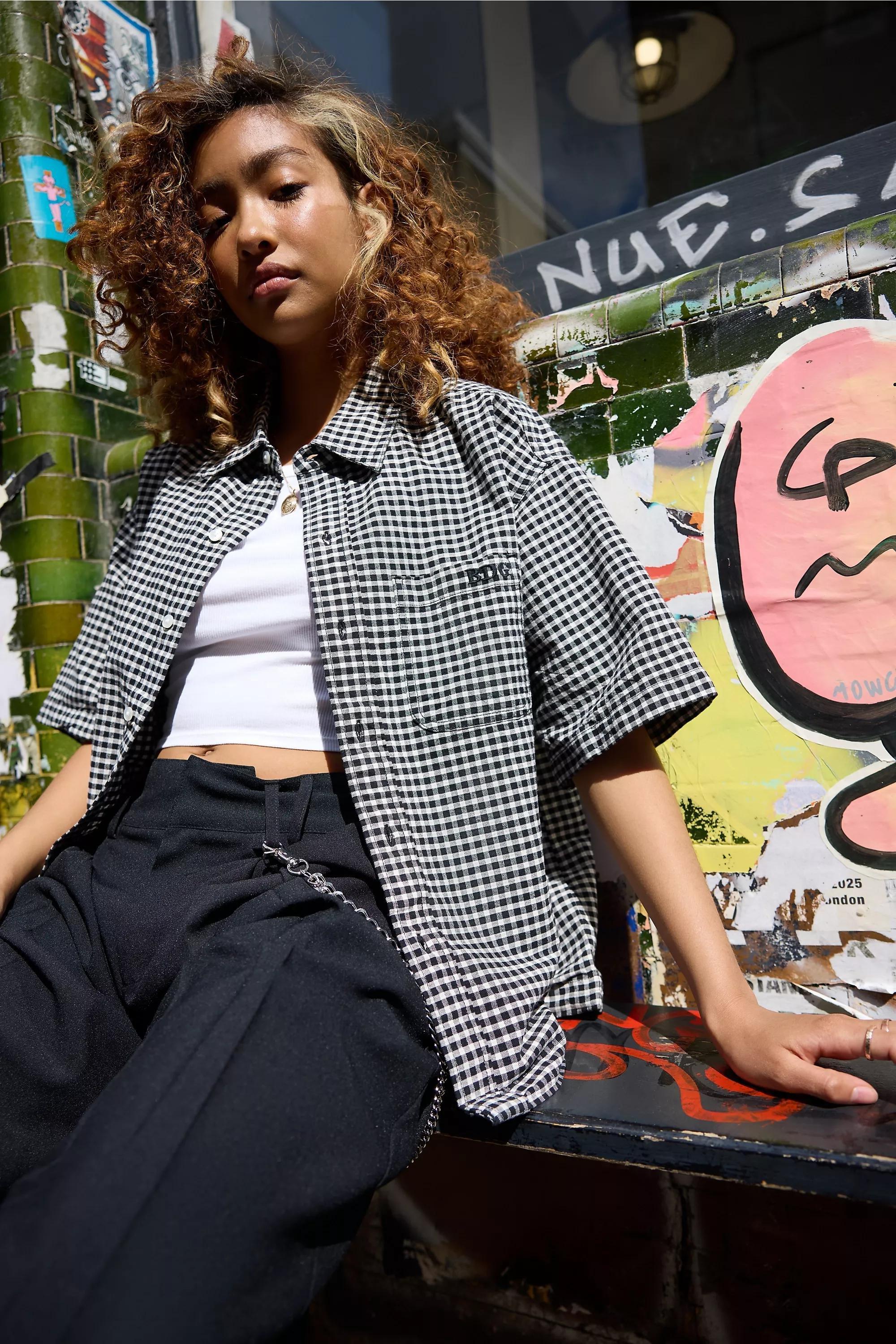 Black Bdg Arlo Check Crop Oxford Shirt, , large image number 5