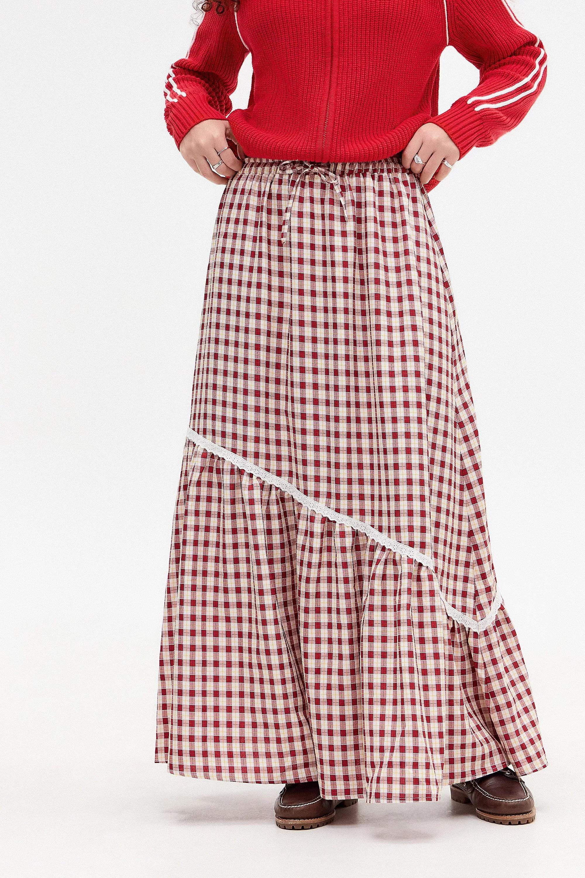 Red Daisy Street Gingham Maxi Skirt, , medium