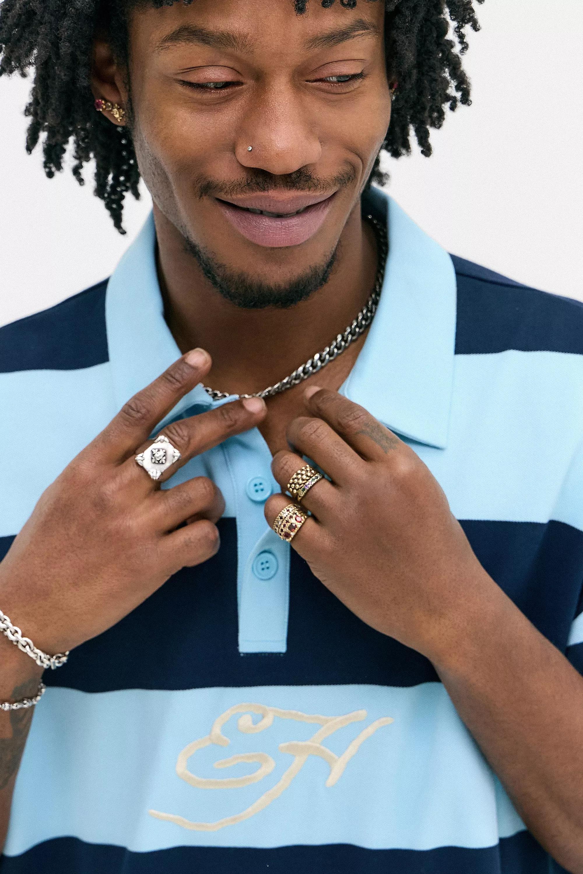 Blue Ed Hardy Uo Rose Striped Polo Shirt, BLUE, large image number 3