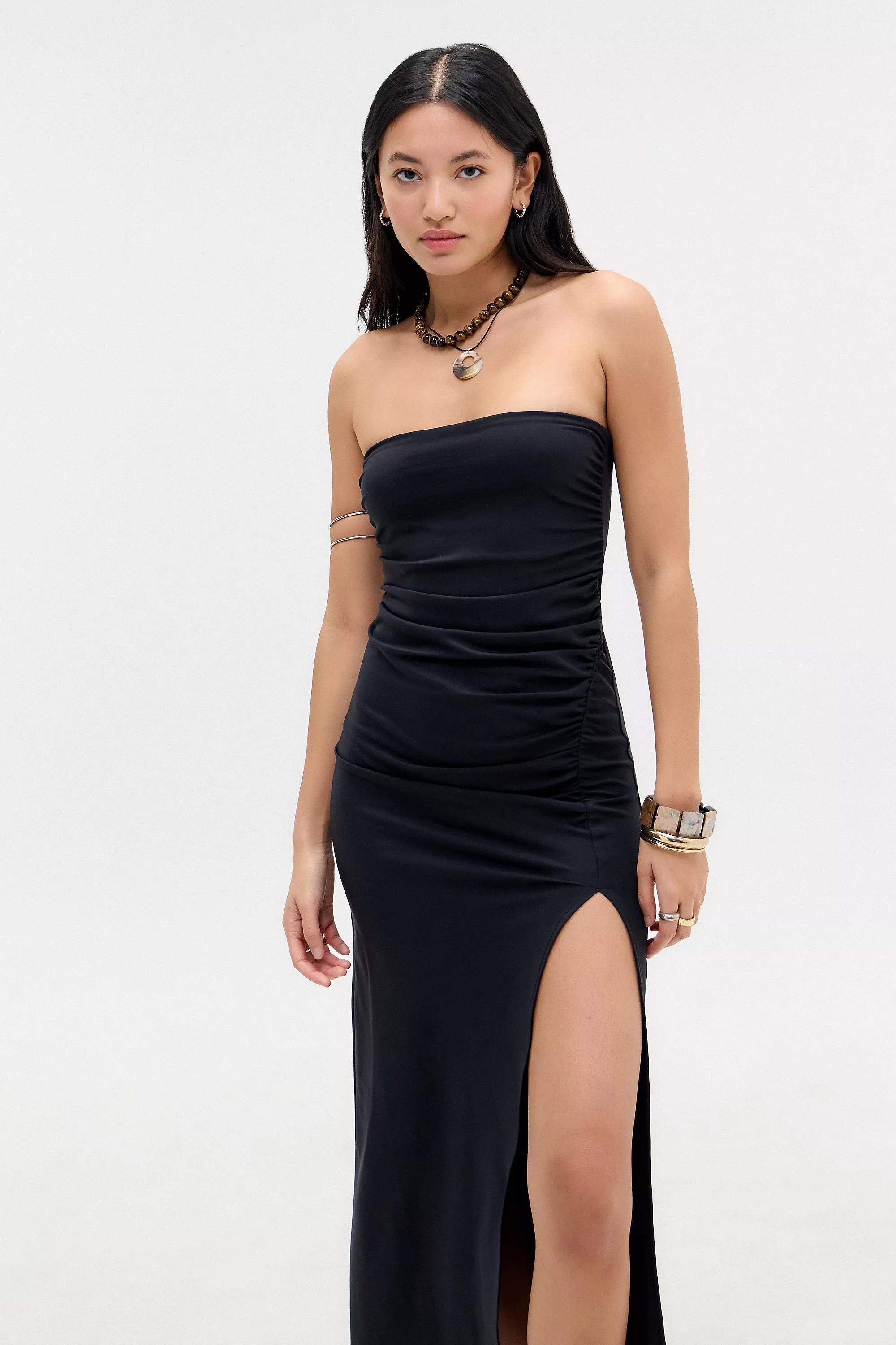 Black Silence + Noise Ruched Bandeau Midi Dress, , large image number 1
