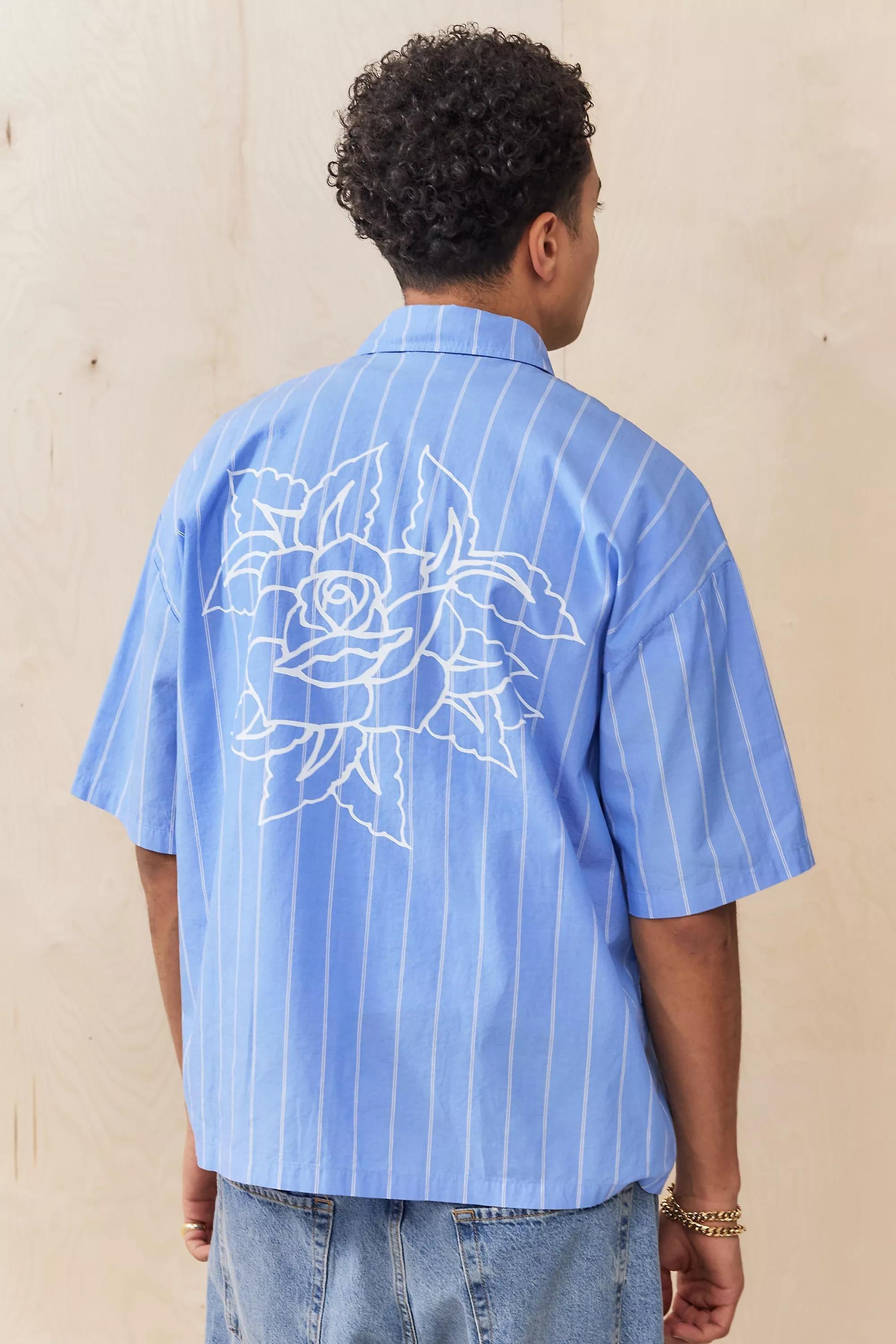 Blue Ed Hardy Uo Exclusive Rose Outline Stripe Shirt, , large image number 1