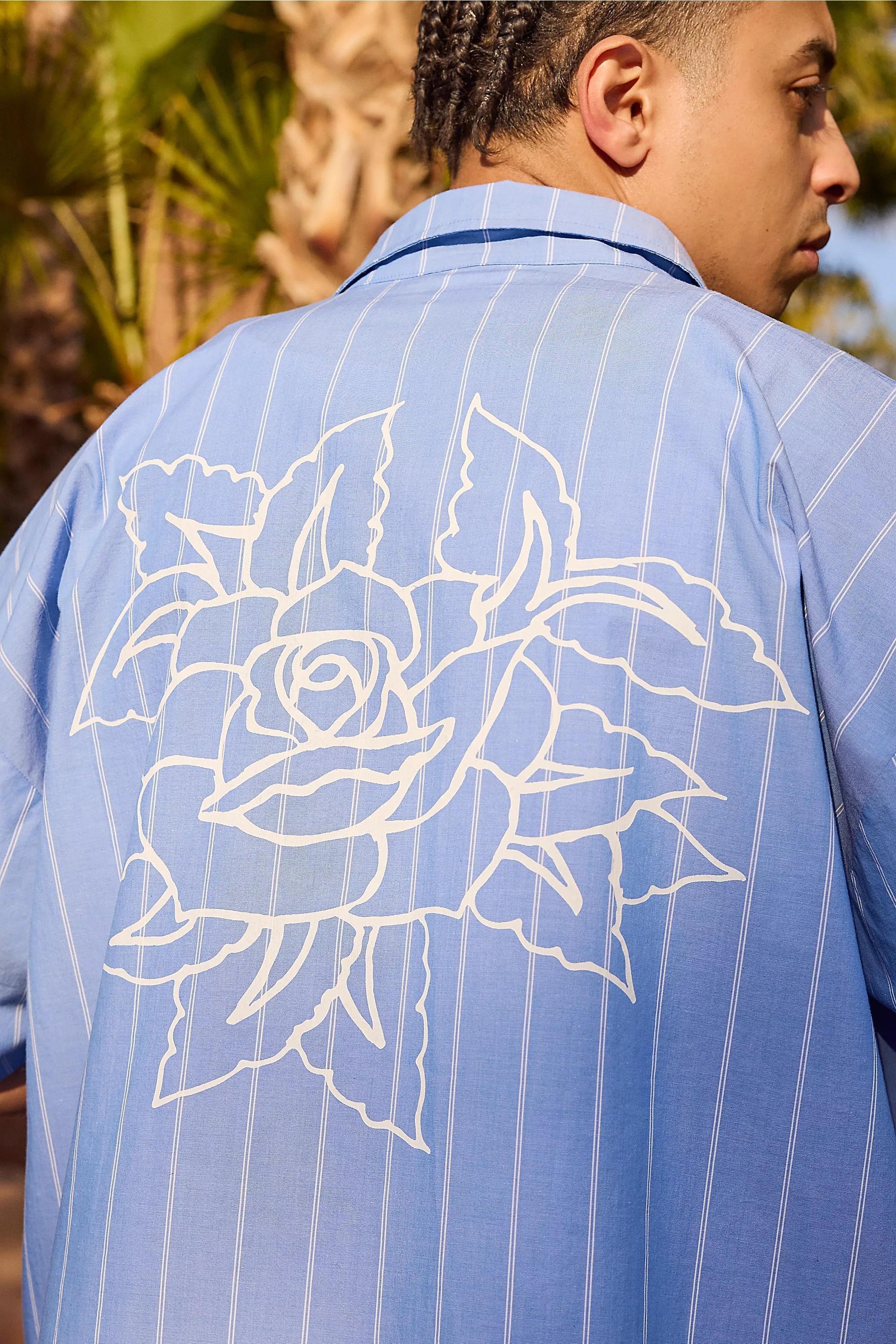 Blue Ed Hardy Uo Exclusive Rose Outline Stripe Shirt, , large image number 4