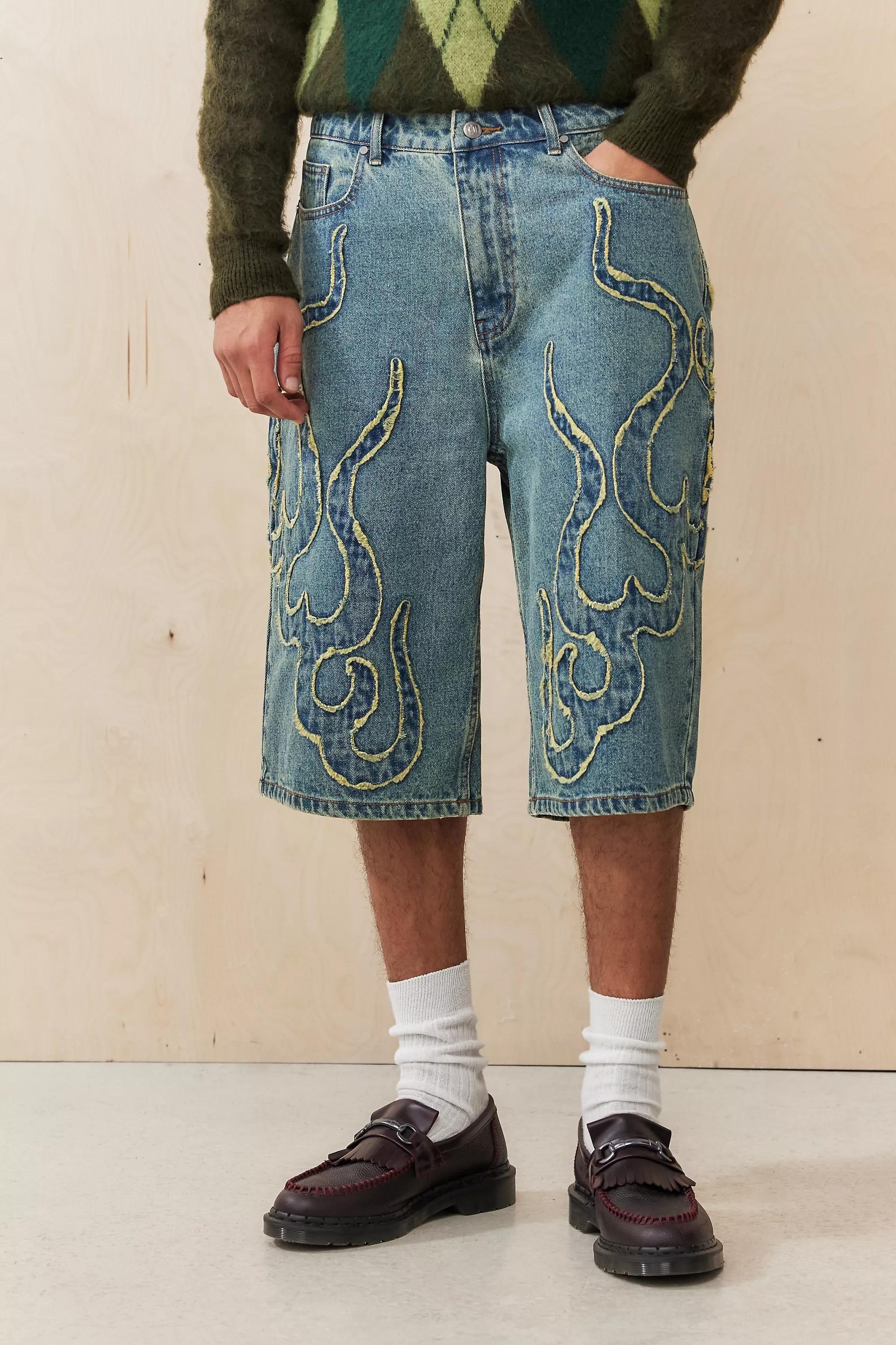 DENIM LIGHT Ed Hardy UO Exclusive Blue Flame Appliqu?� Shorts, , large image number 0
