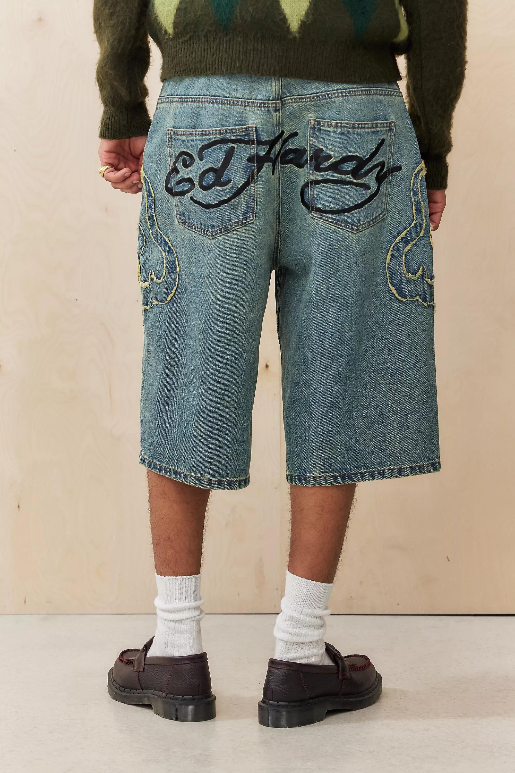 DENIM LIGHT Ed Hardy UO Exclusive Blue Flame Appliqu?� Shorts, , large image number 1