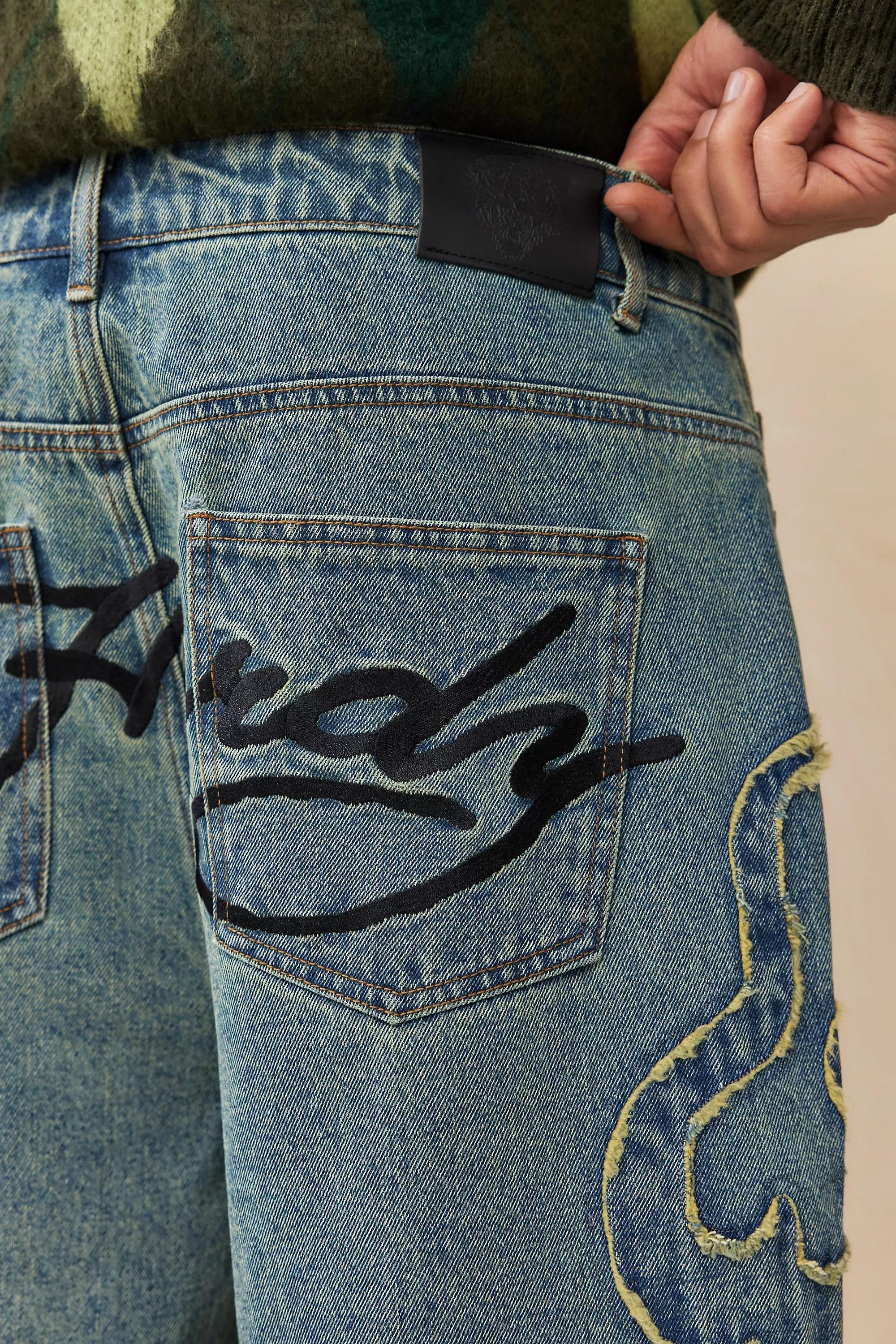 DENIM LIGHT Ed Hardy UO Exclusive Blue Flame Appliqu?� Shorts, , large image number 3