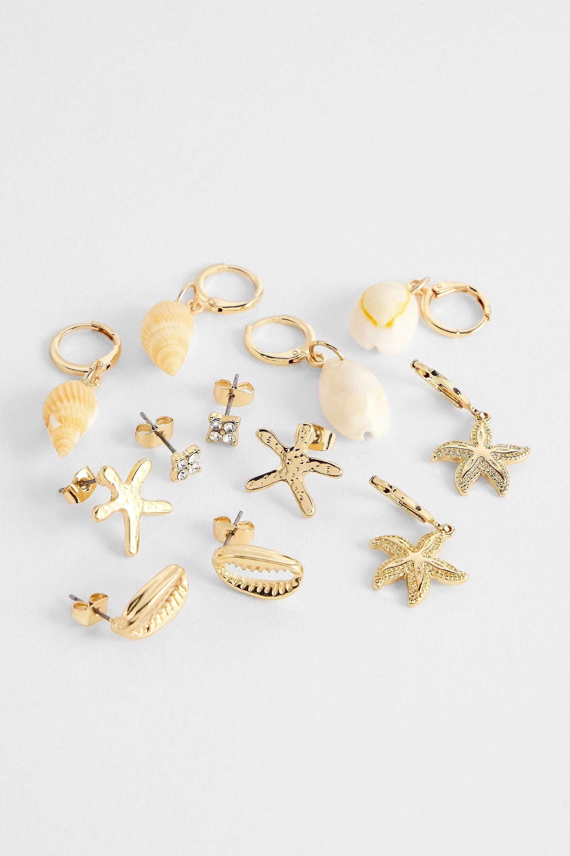 Beige Uo Shell Earrings 6-Pack, NEUTR, medium