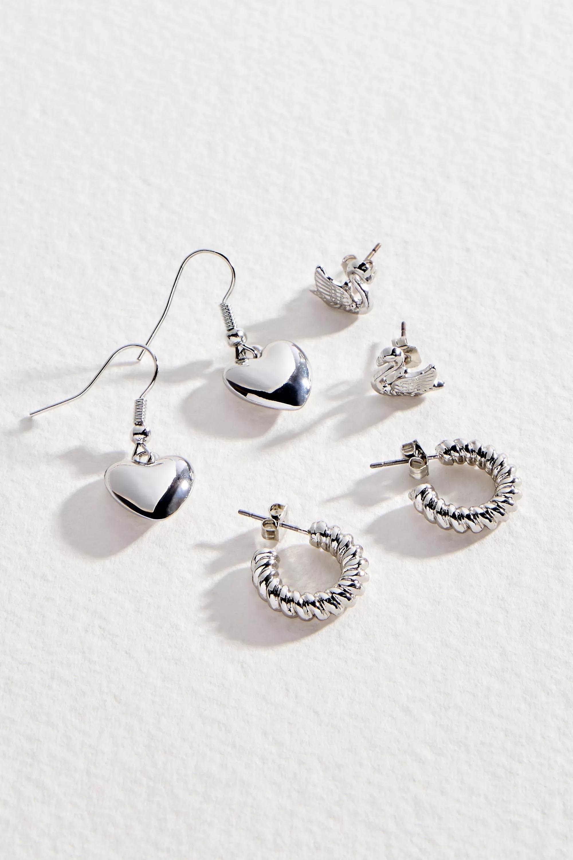 Silver Uo Swan Heart Earrings, Set Of 3, SLVR, large image number 0