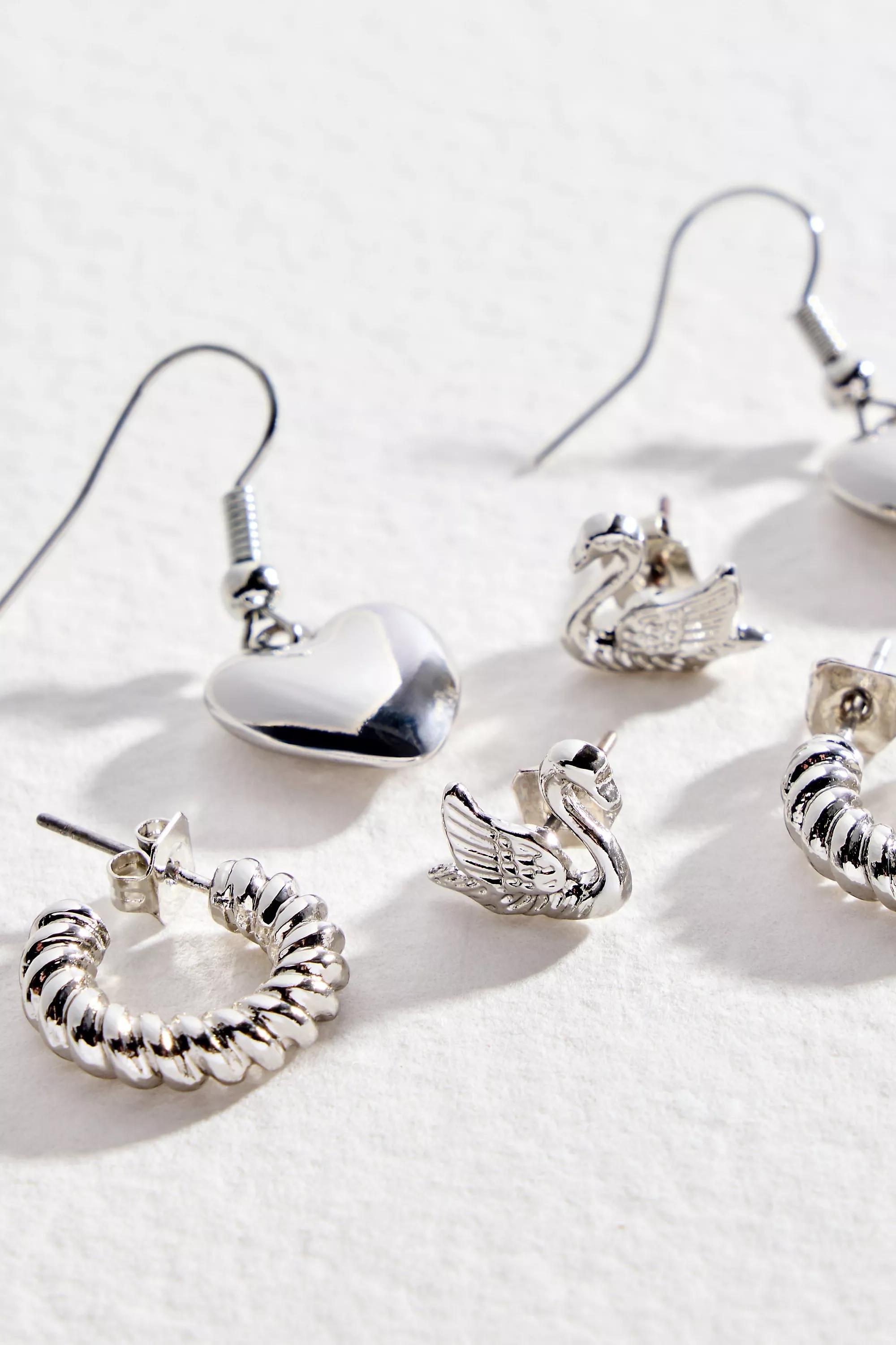 Silver Uo Swan Heart Earrings, Set Of 3, SLVR, large image number 1