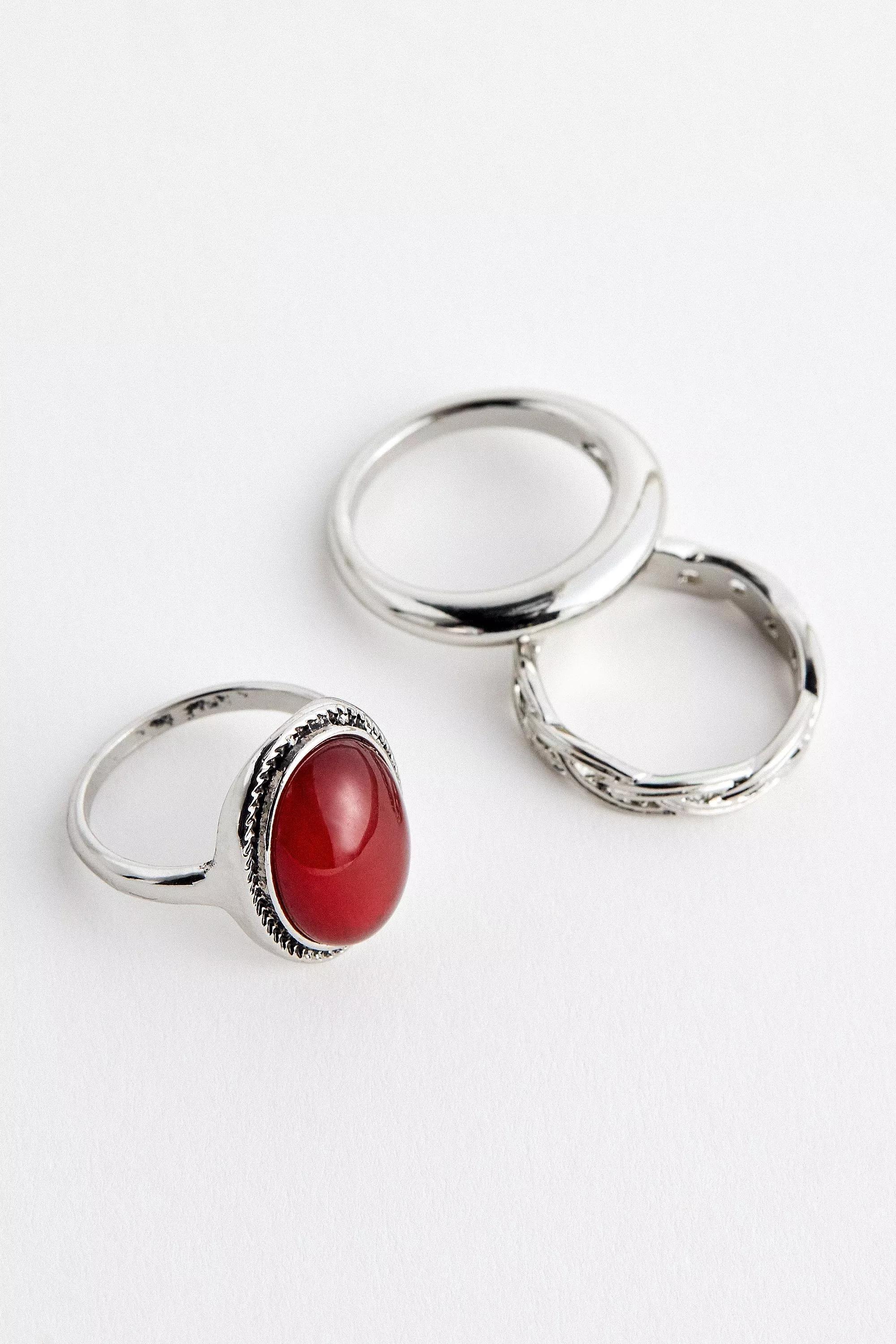 Silver Uo Amber Stone Rings, Set Of 3, , large image number 0