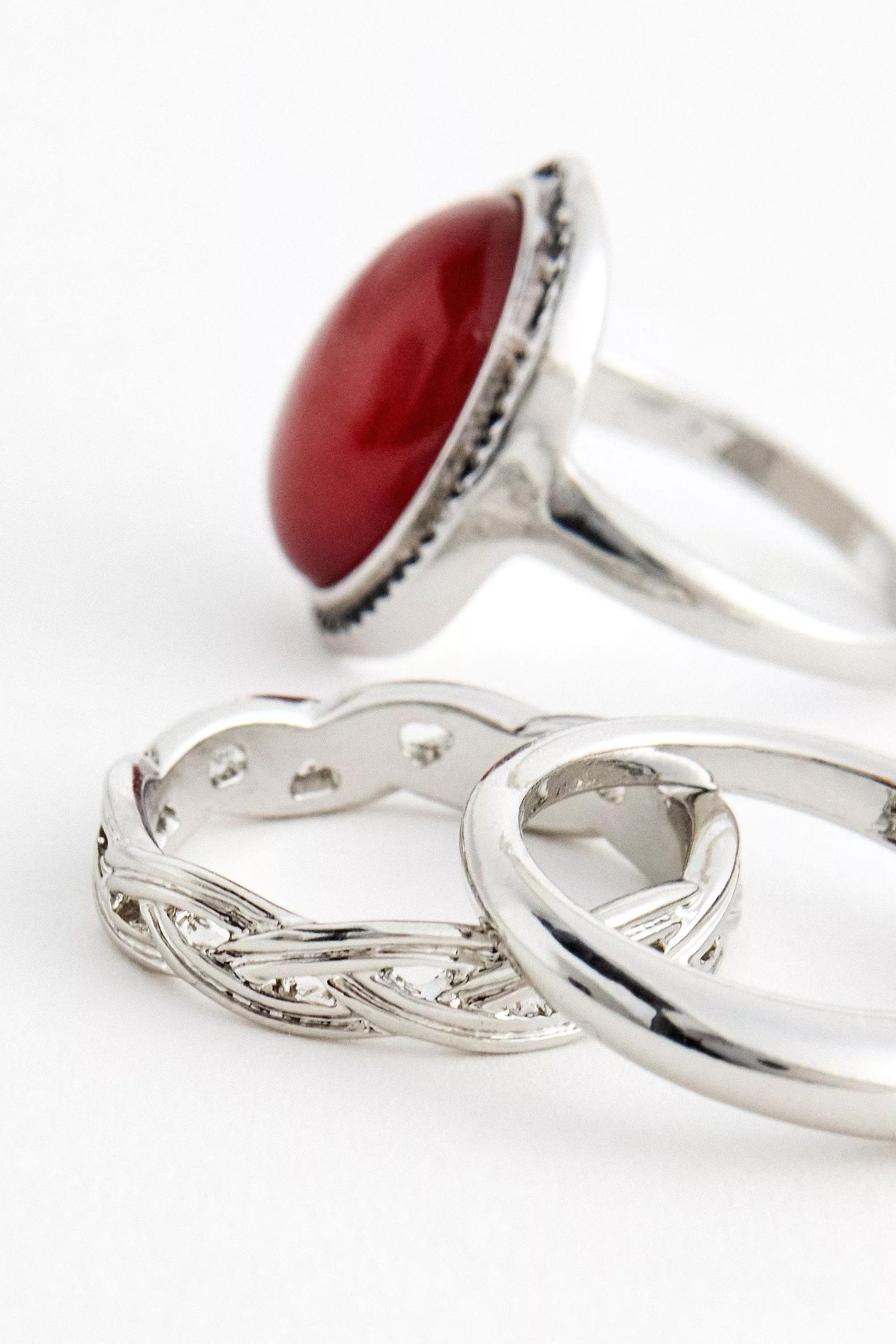 Silver Uo Amber Stone Rings, Set Of 3, , large image number 2