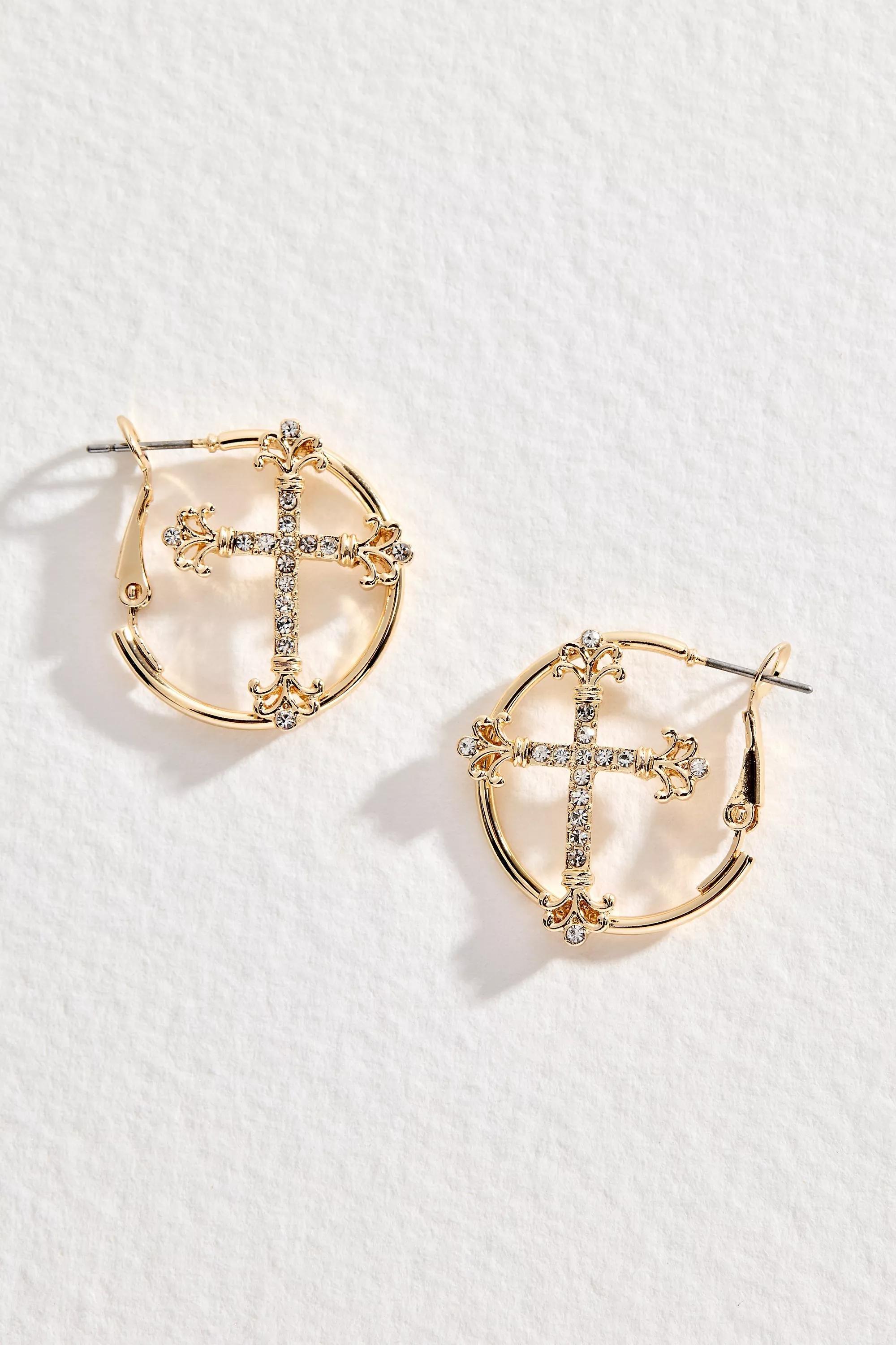 Gold Uo Gold Cross Hoop Earrings, GOLD, large image number 0
