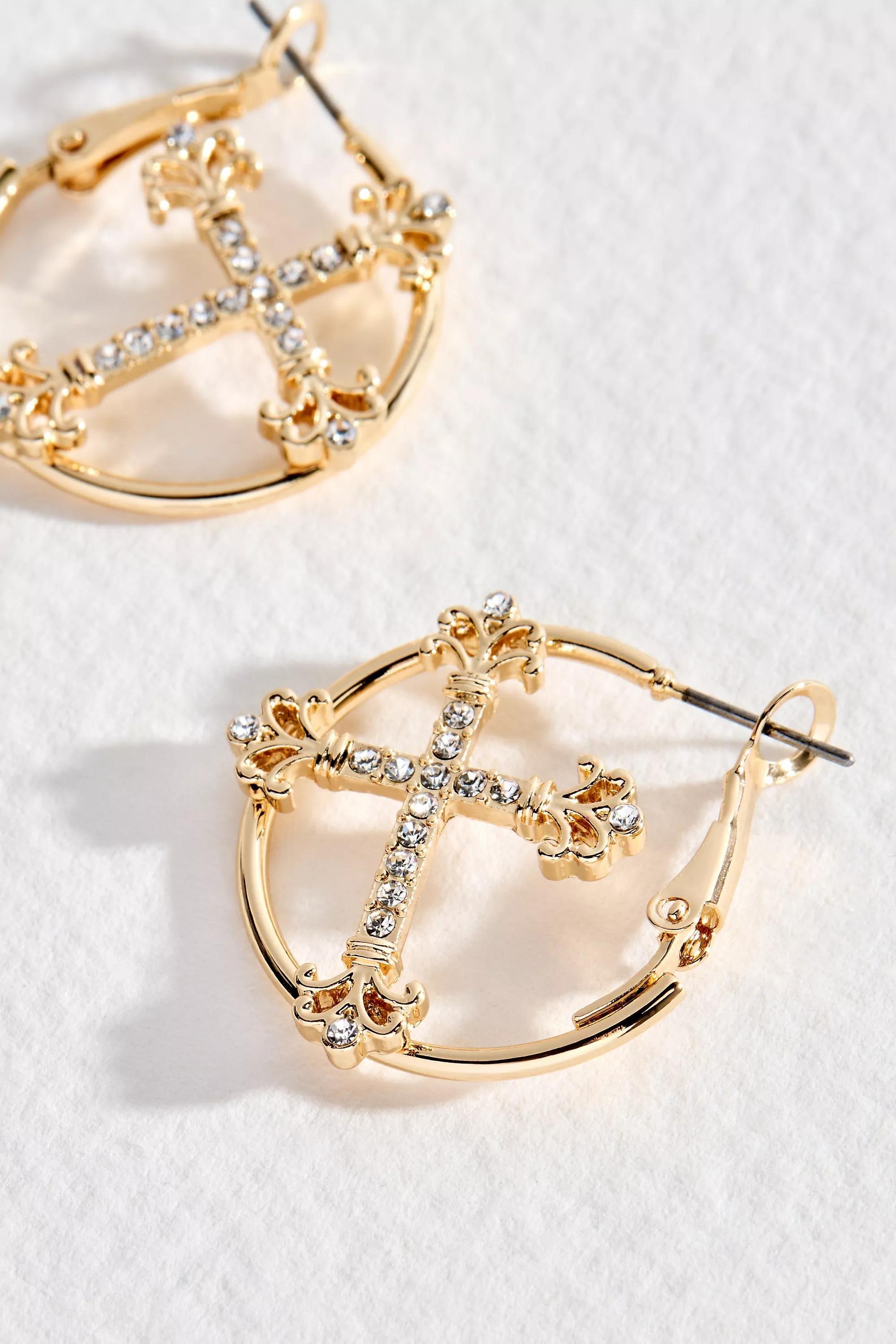 Gold Uo Gold Cross Hoop Earrings, GOLD, large image number 1