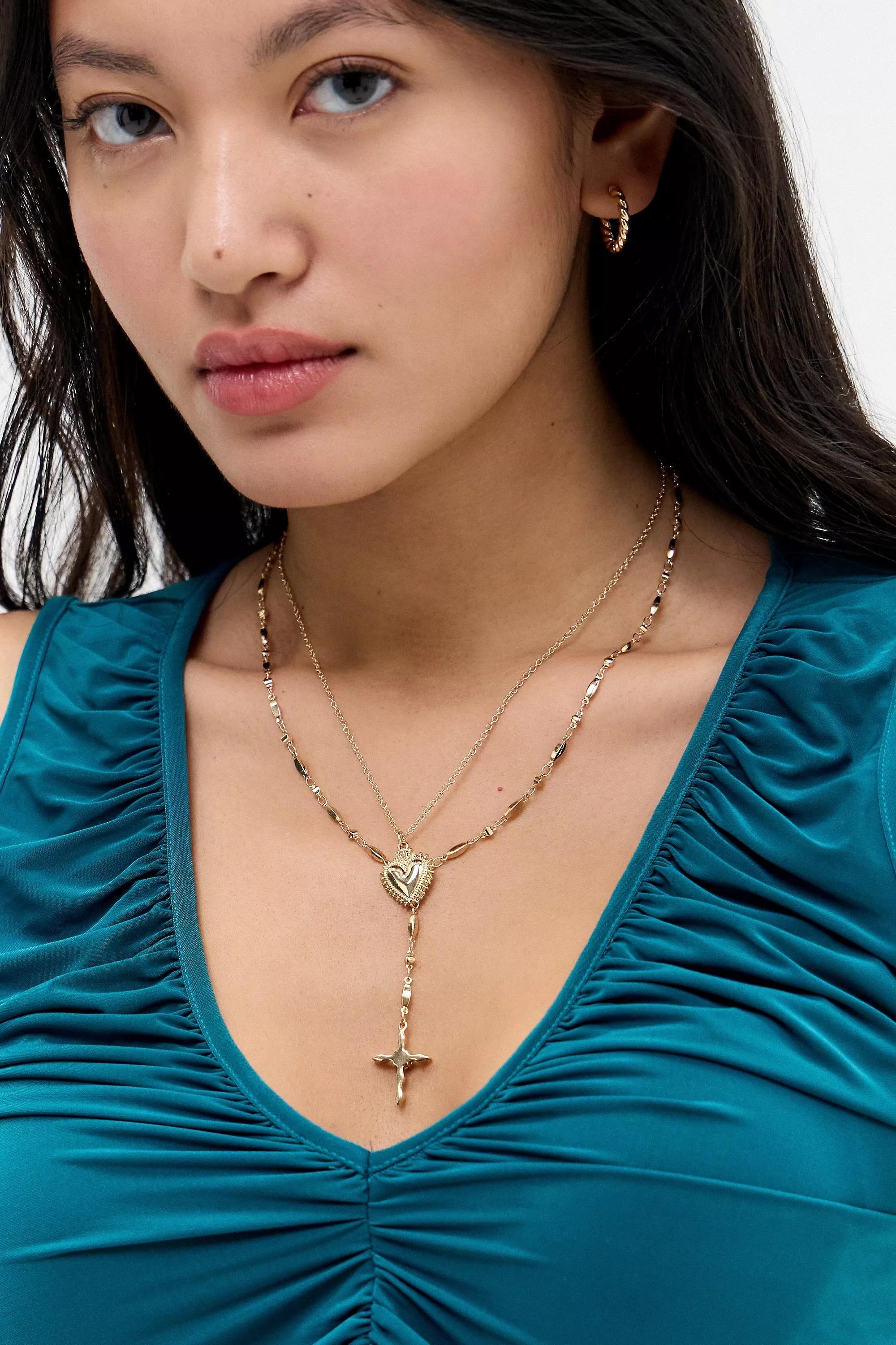 Gold Uo Sacred Heart Pendant Necklace, GOLD, large image number 1