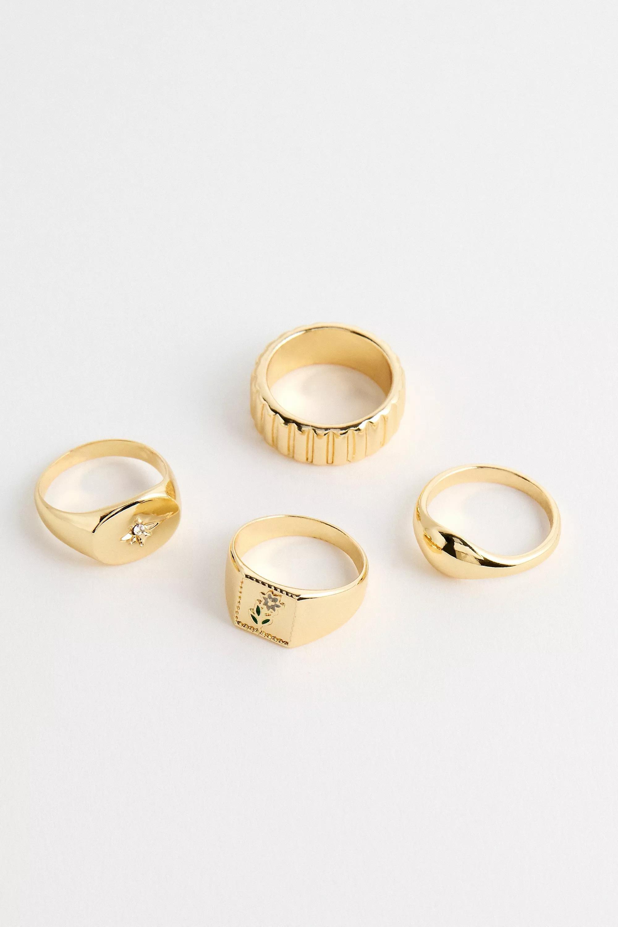 Gold Uo Floral Signet Ring, Set Of 4, , large image number 1