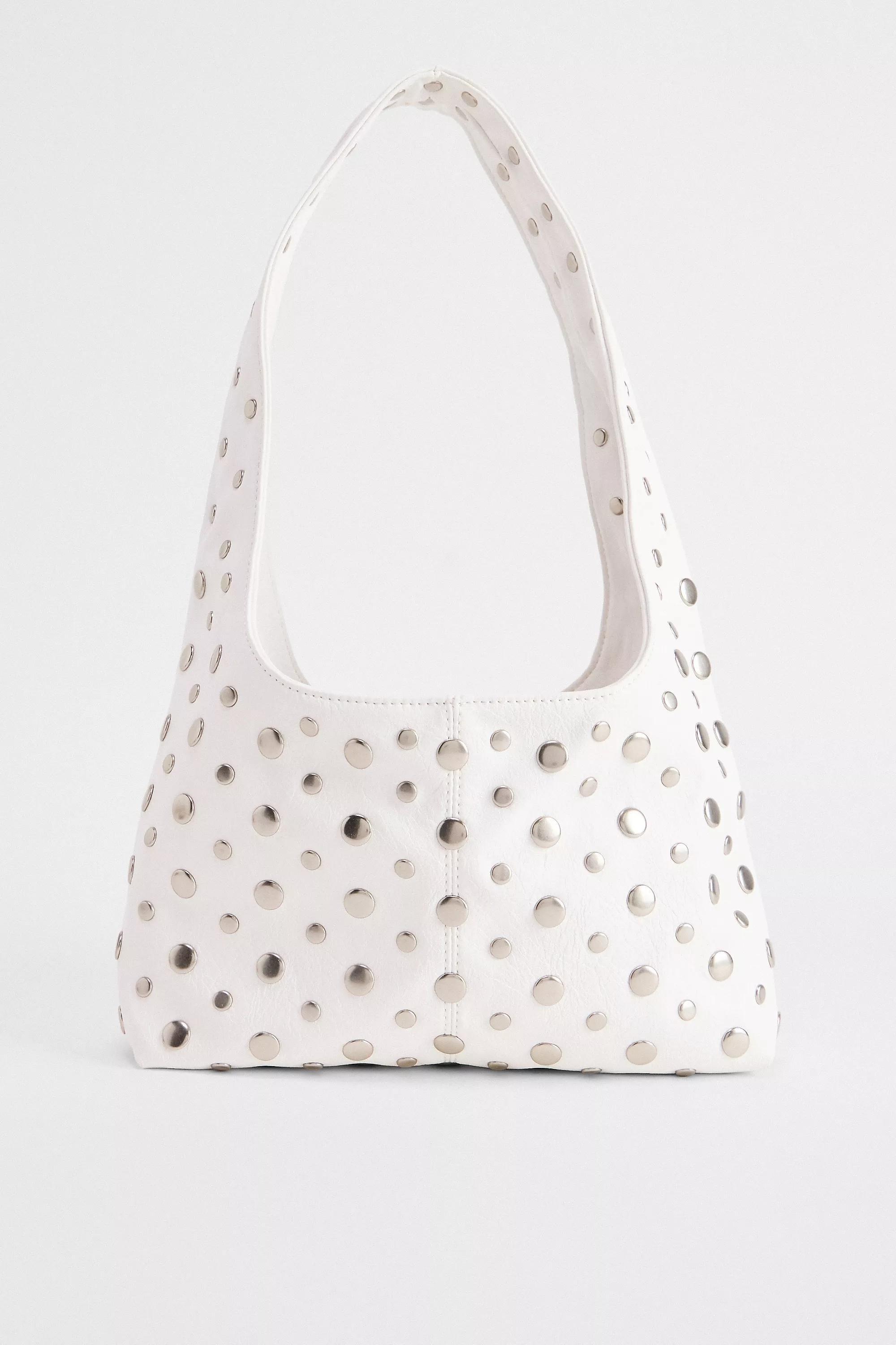 White Uo Mini Faux Leather Trapeze Studded Bag, WHT, large image number 1