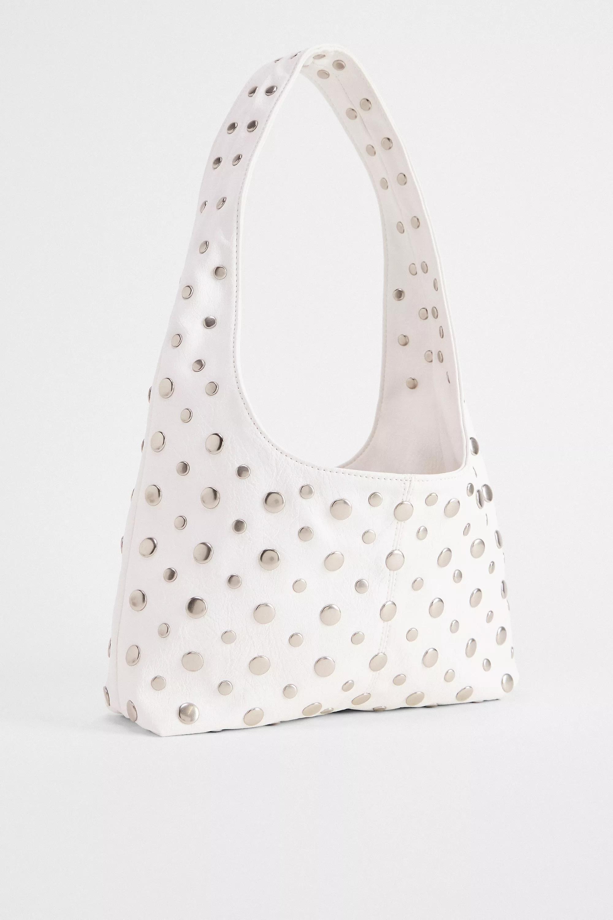 White Uo Mini Faux Leather Trapeze Studded Bag, WHT, large image number 2