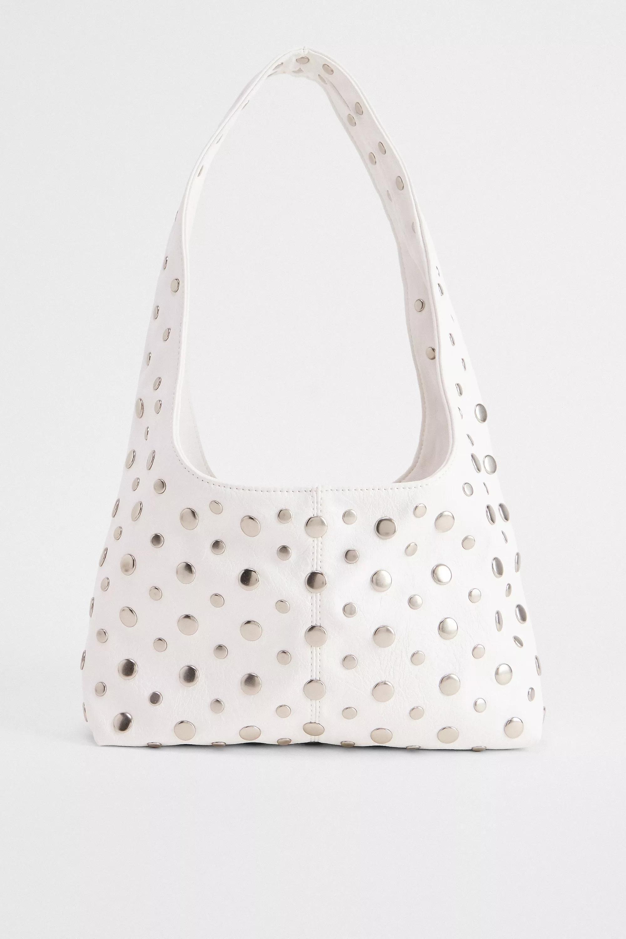 White Uo Mini Faux Leather Trapeze Studded Bag, WHT, large image number 3