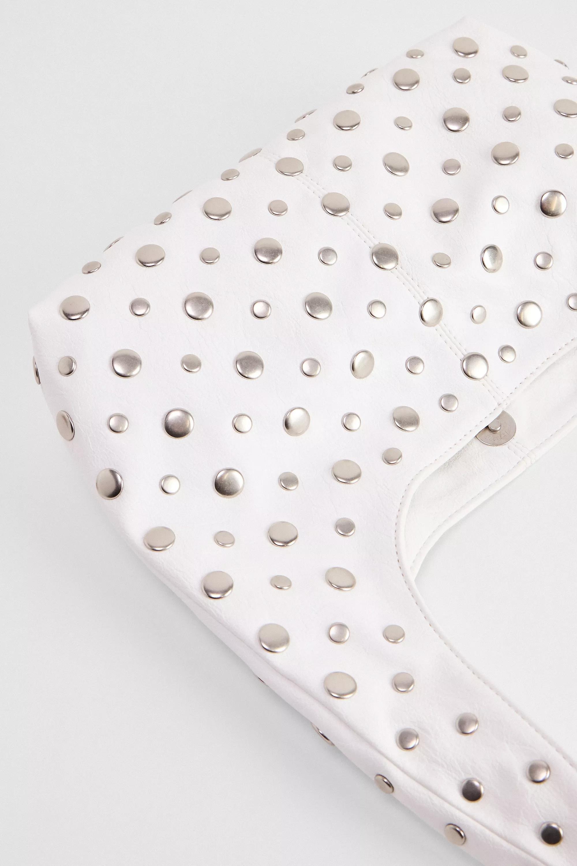 White Uo Mini Faux Leather Trapeze Studded Bag, WHT, large image number 4
