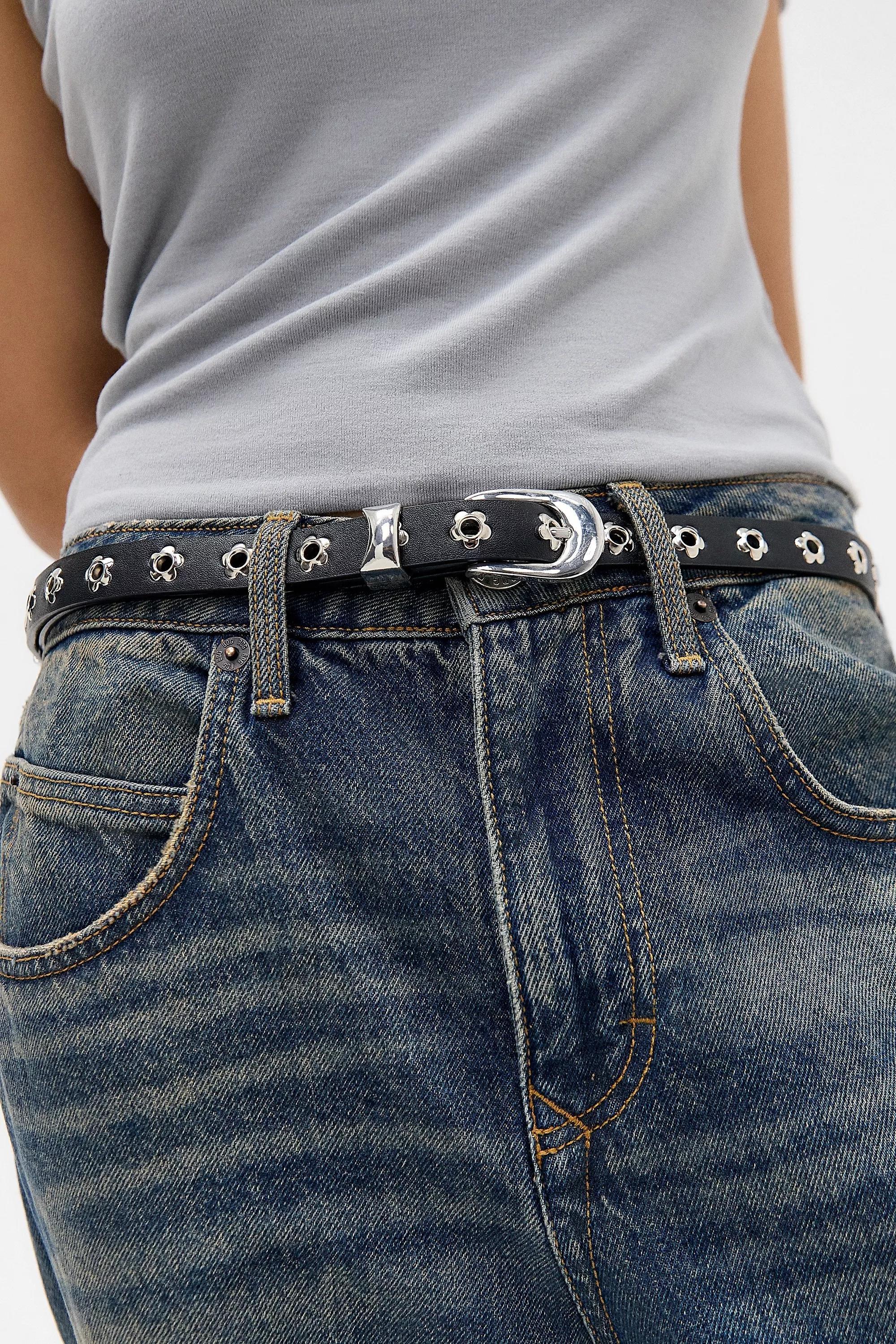 UO Flower Eyelet Skinny Faux Leather Belt, , large image number 0