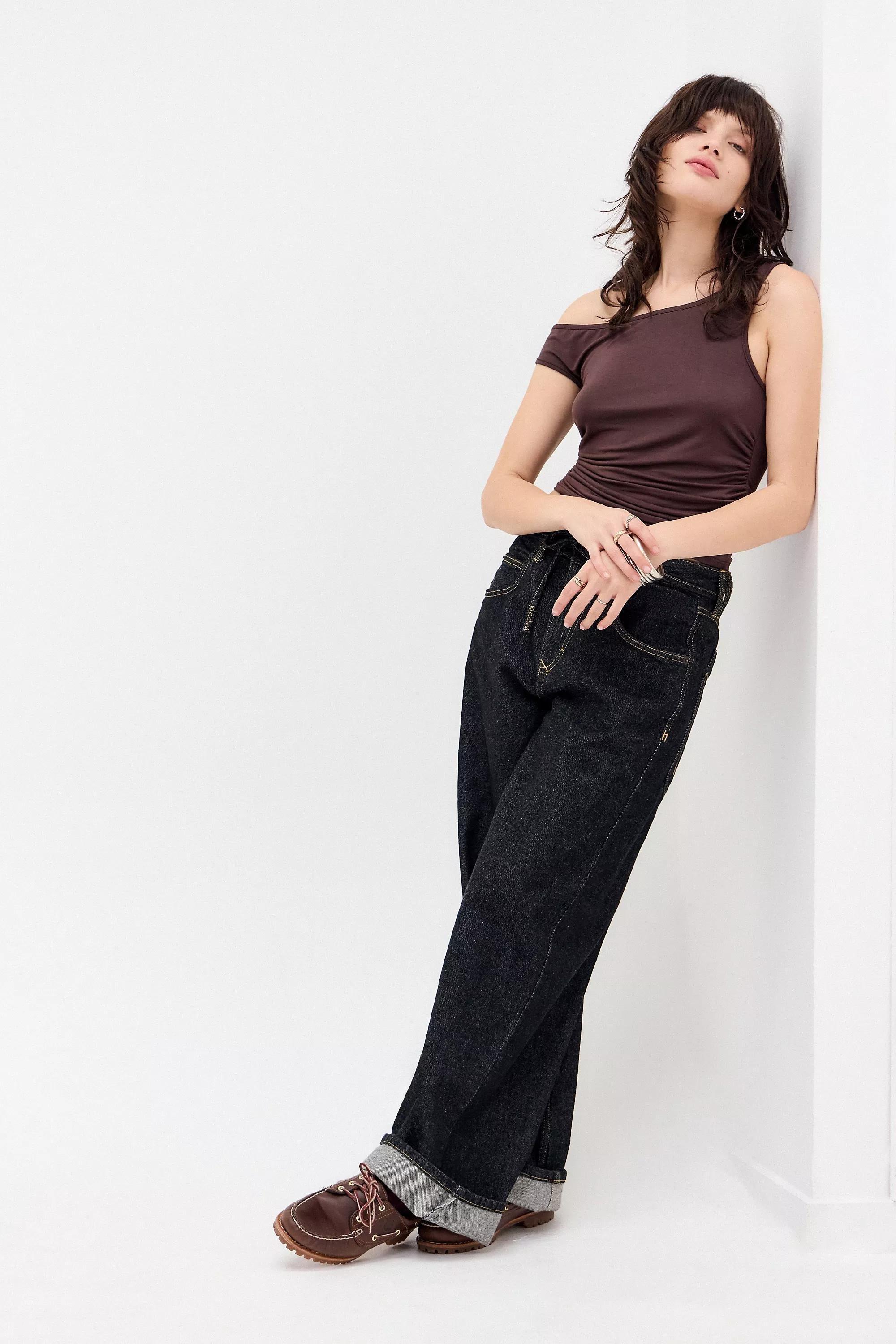 Brown Uo Asymmetric Off Shoulder Top, , large image number 1