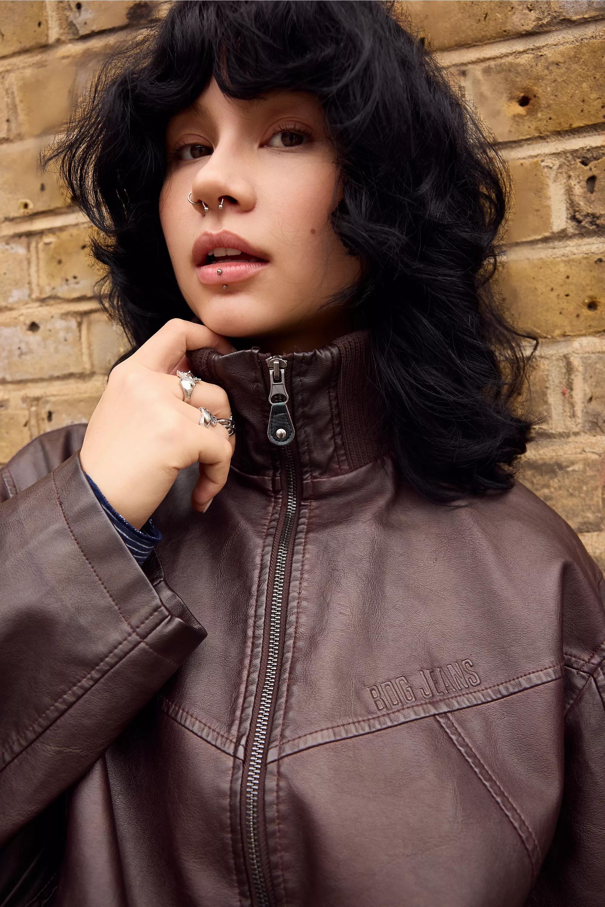 BROWN BDG Frances Faux Leather Unwadded Bomber Jacket, BRN, large image number 2