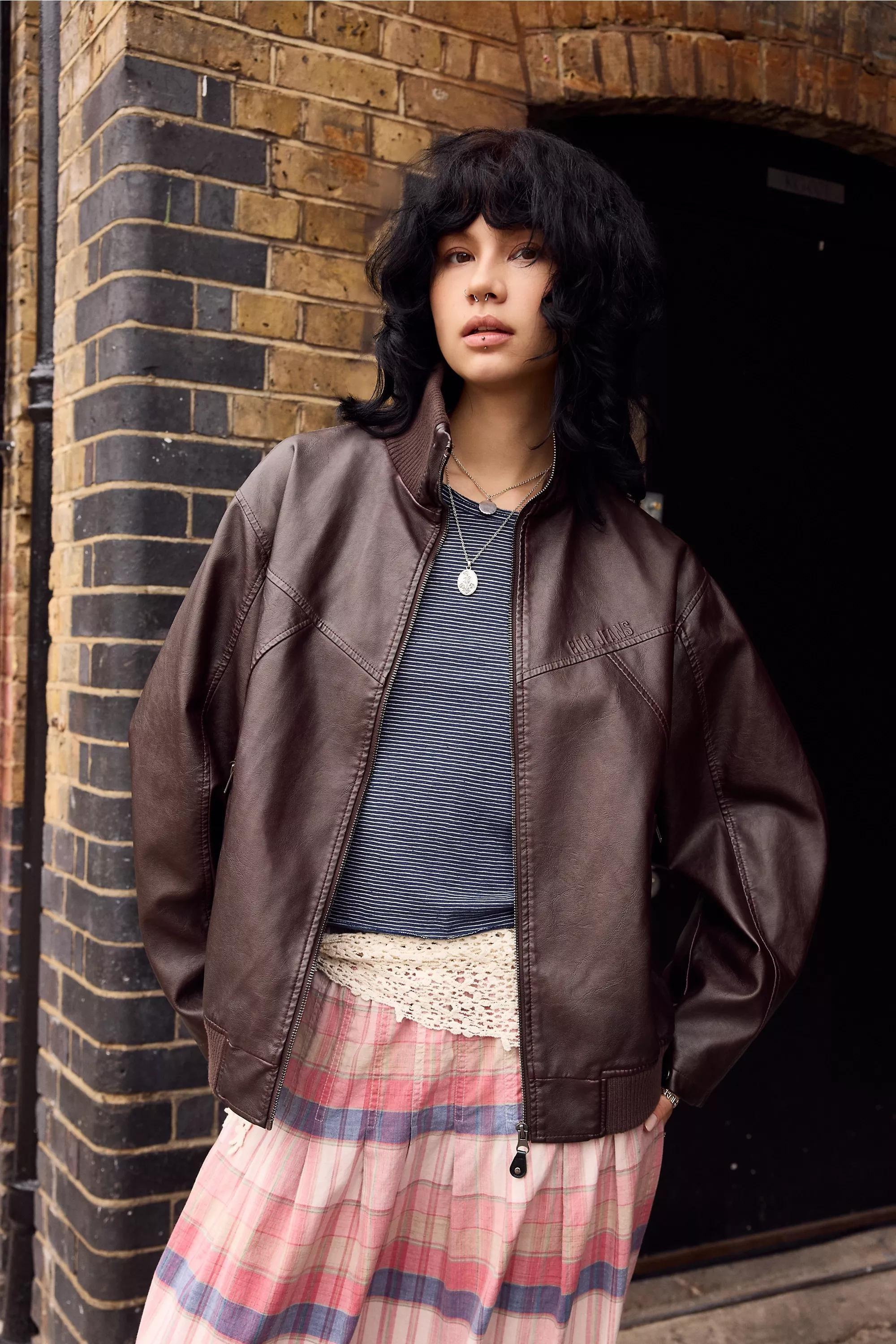 BROWN BDG Frances Faux Leather Unwadded Bomber Jacket, BRN, large image number 3