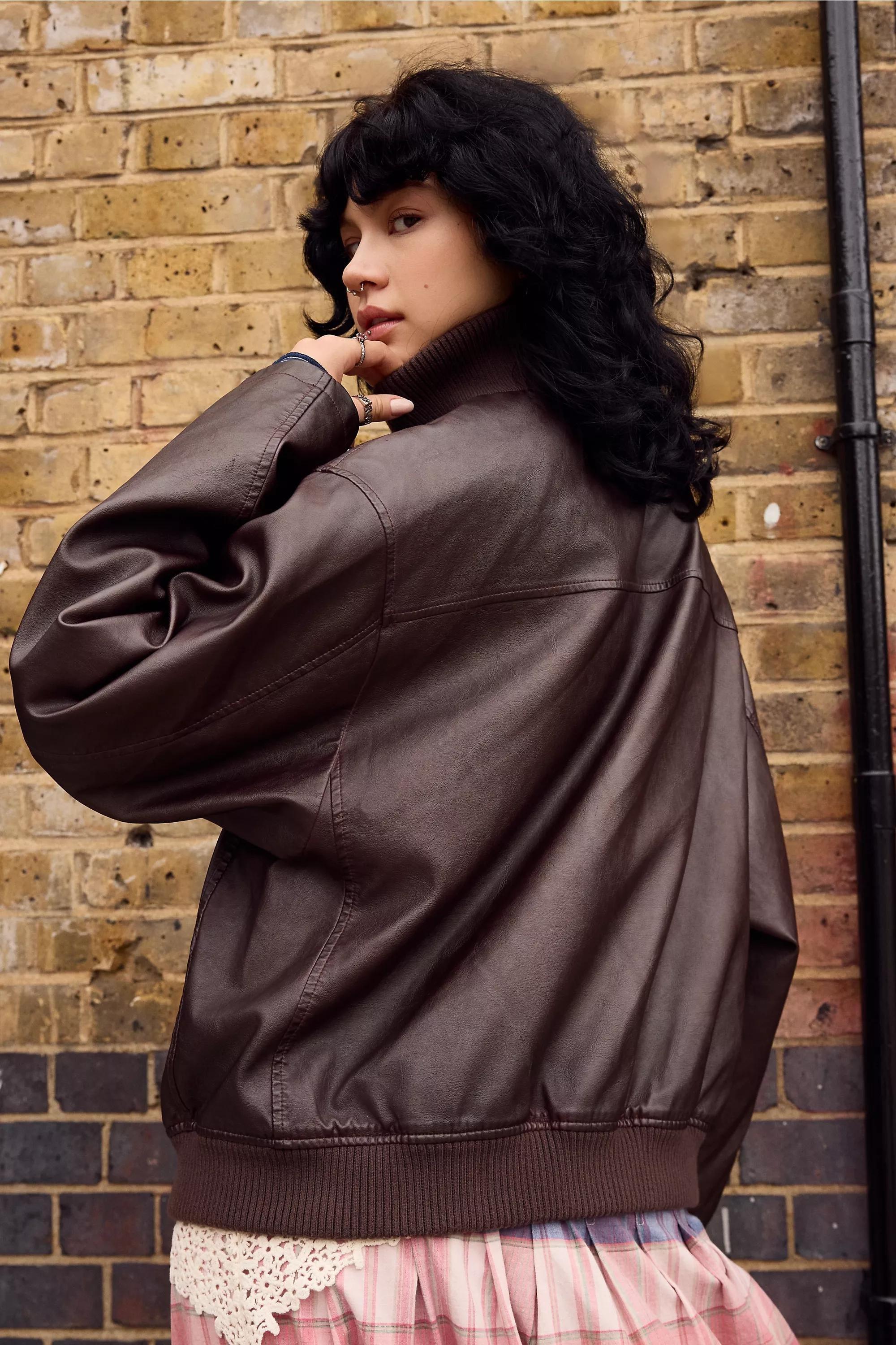 BROWN BDG Frances Faux Leather Unwadded Bomber Jacket, BRN, large image number 4