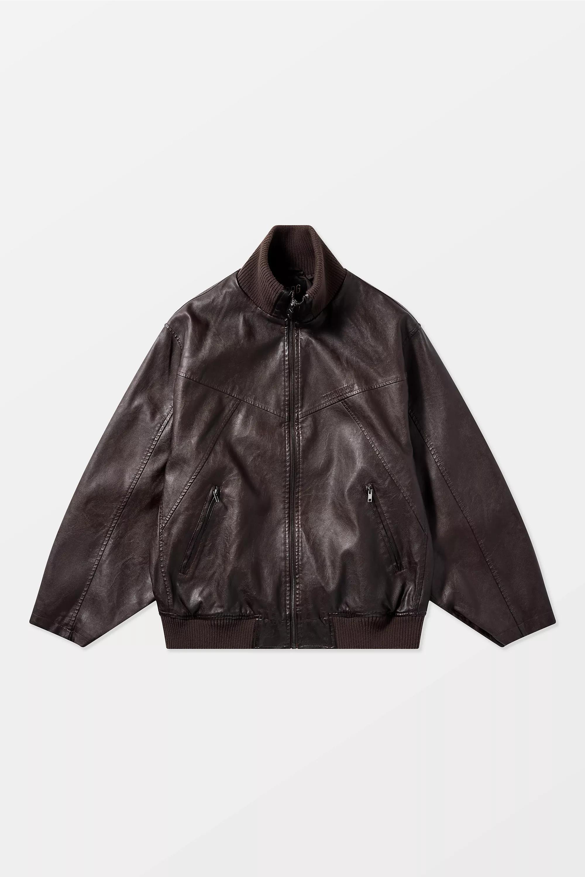 BROWN BDG Frances Faux Leather Unwadded Bomber Jacket, BRN, large image number 5