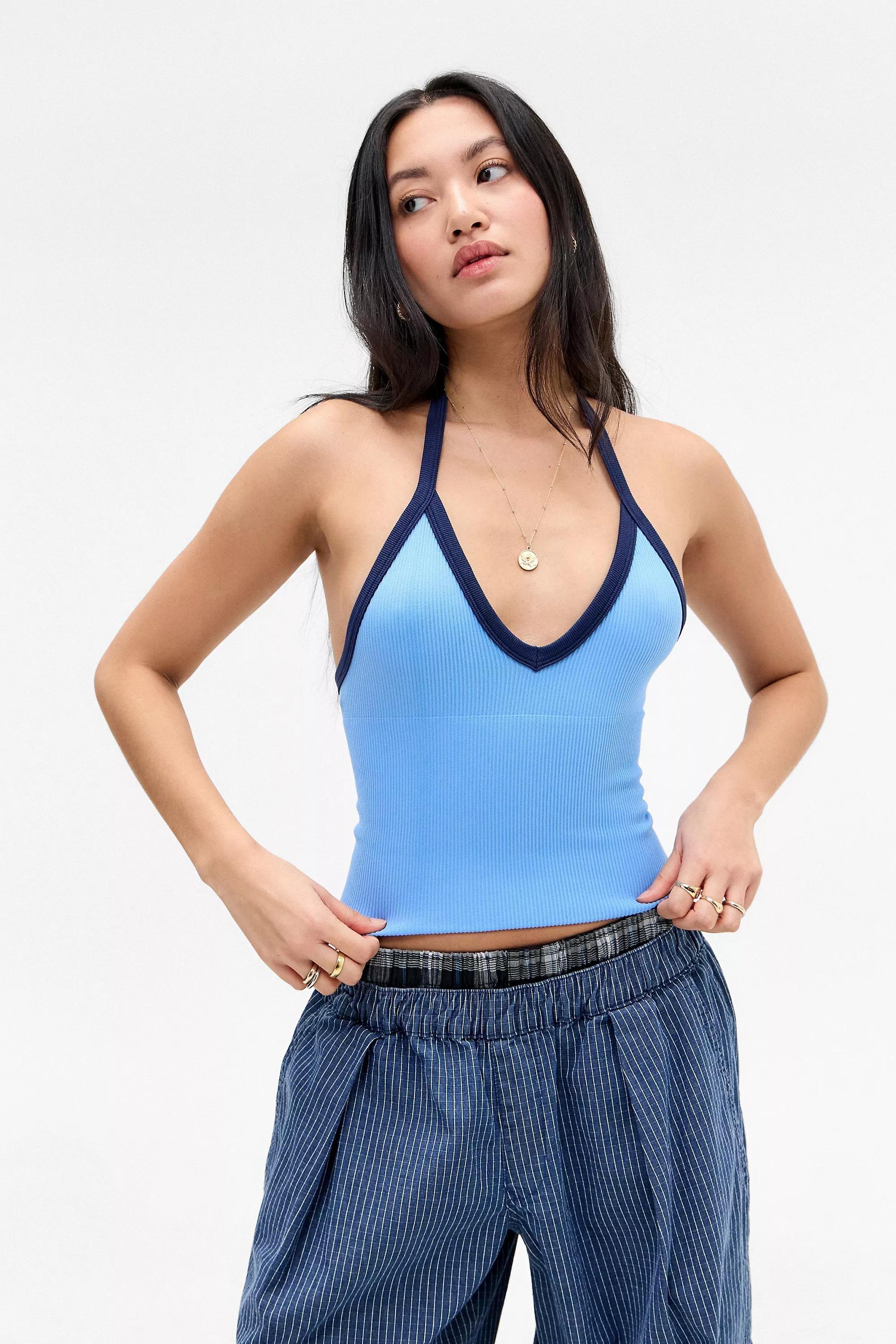 Blue Out From Under Tipped Halter Neck Top, , large image number 0