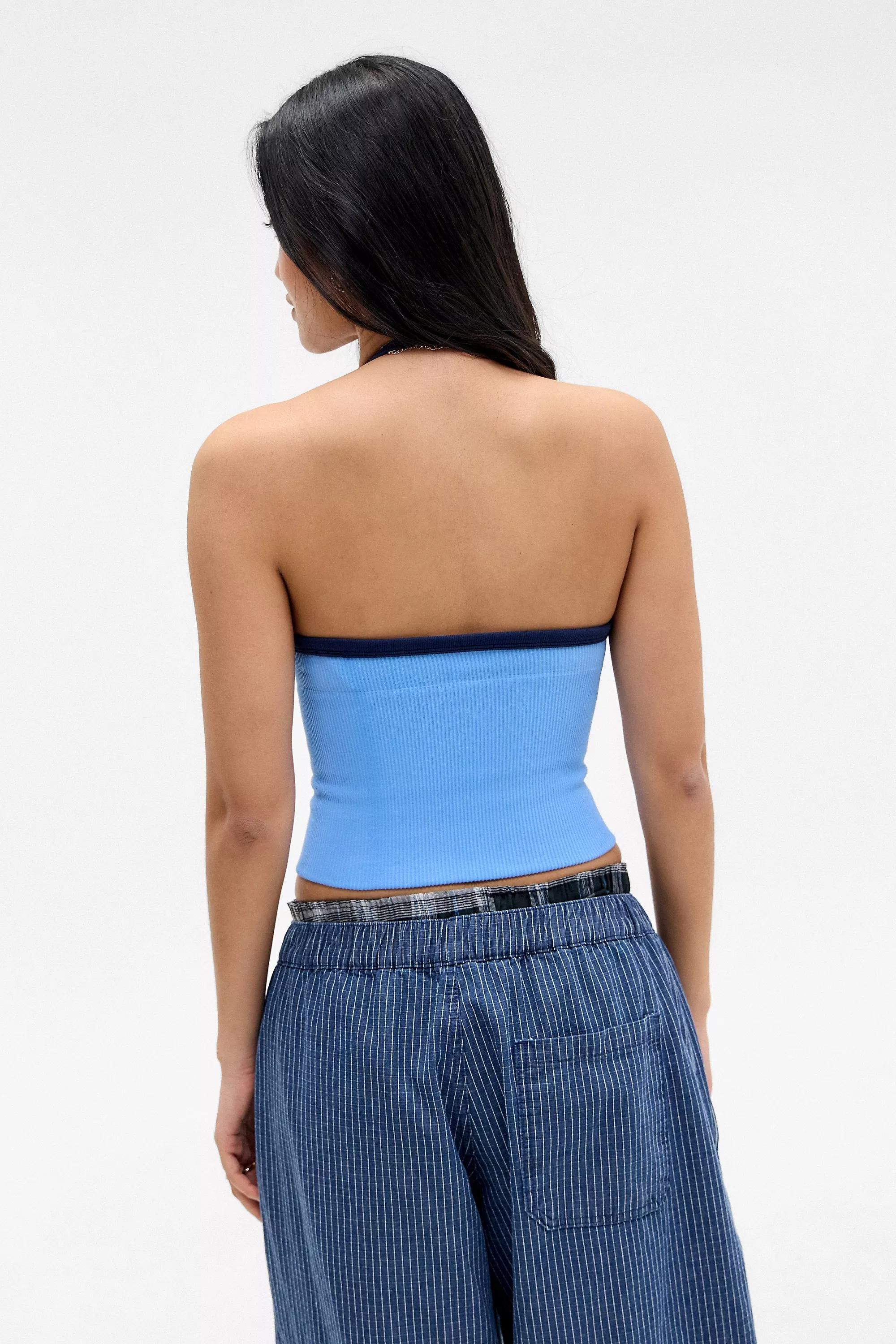 Blue UO Halter Neck Ribbed Tank Top, , large image number 6