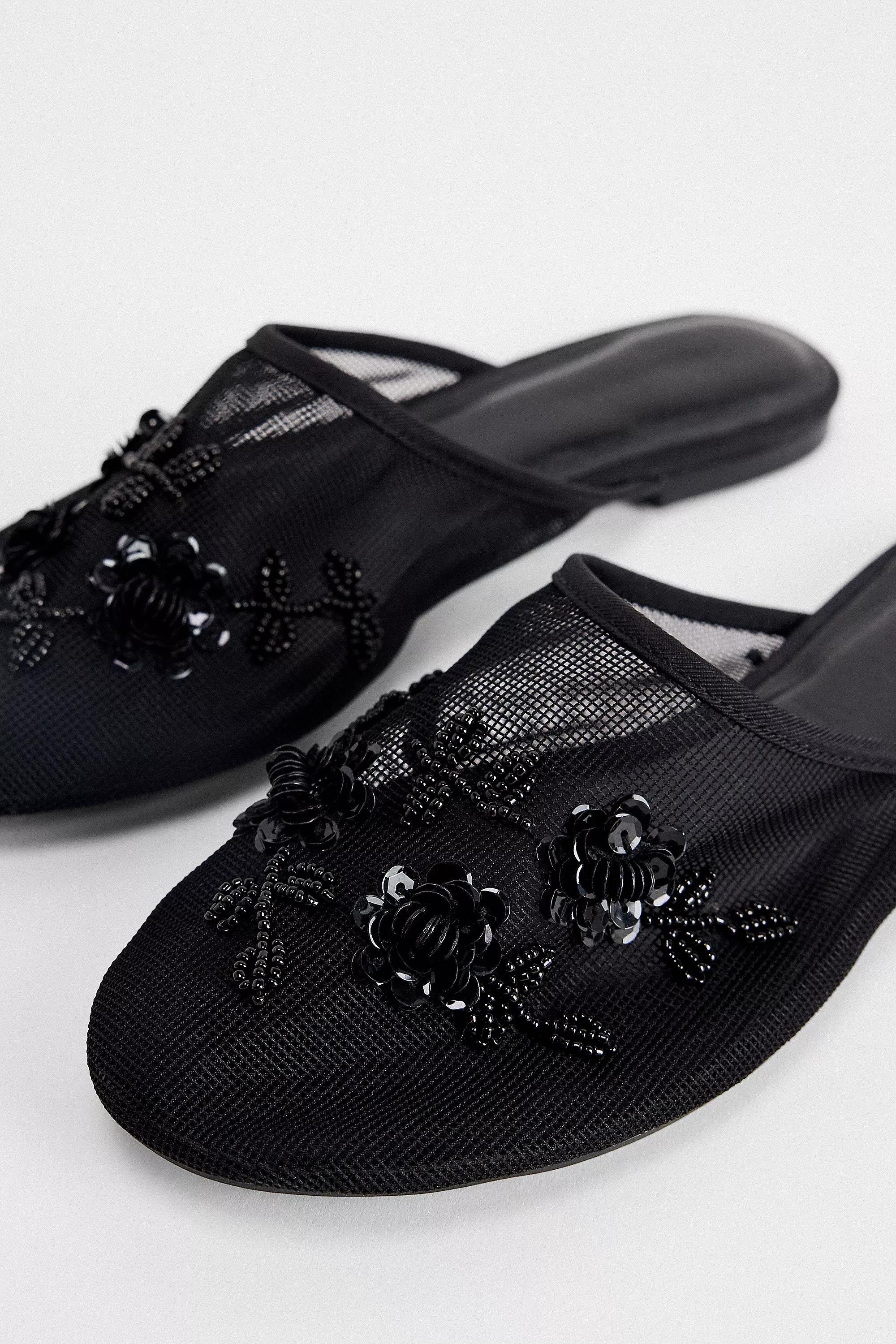 Black Uo Embellished Mesh Flat Mules, , large image number 3