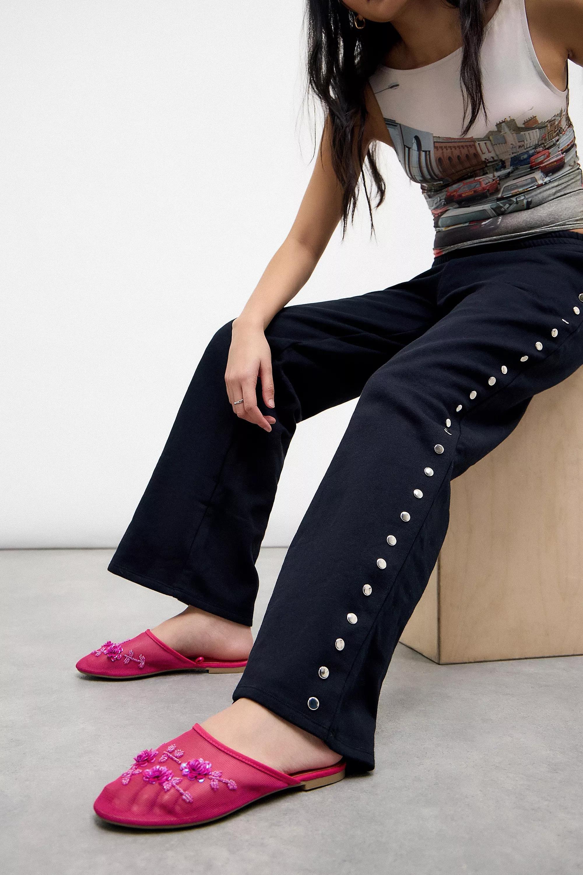 UO Embellished Mesh Flat Mules, PINK, medium