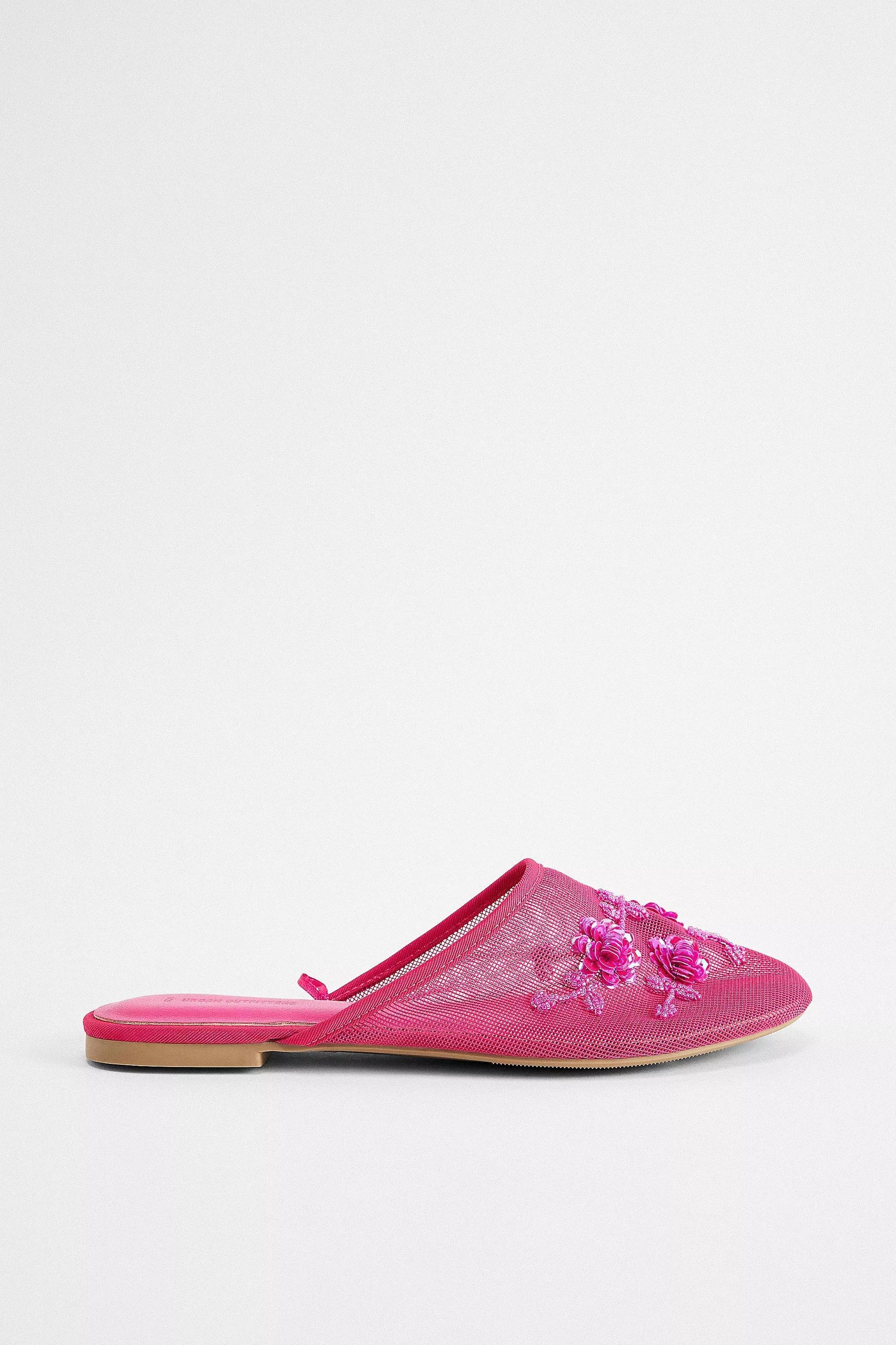 UO Embellished Mesh Flat Mules, PINK, medium