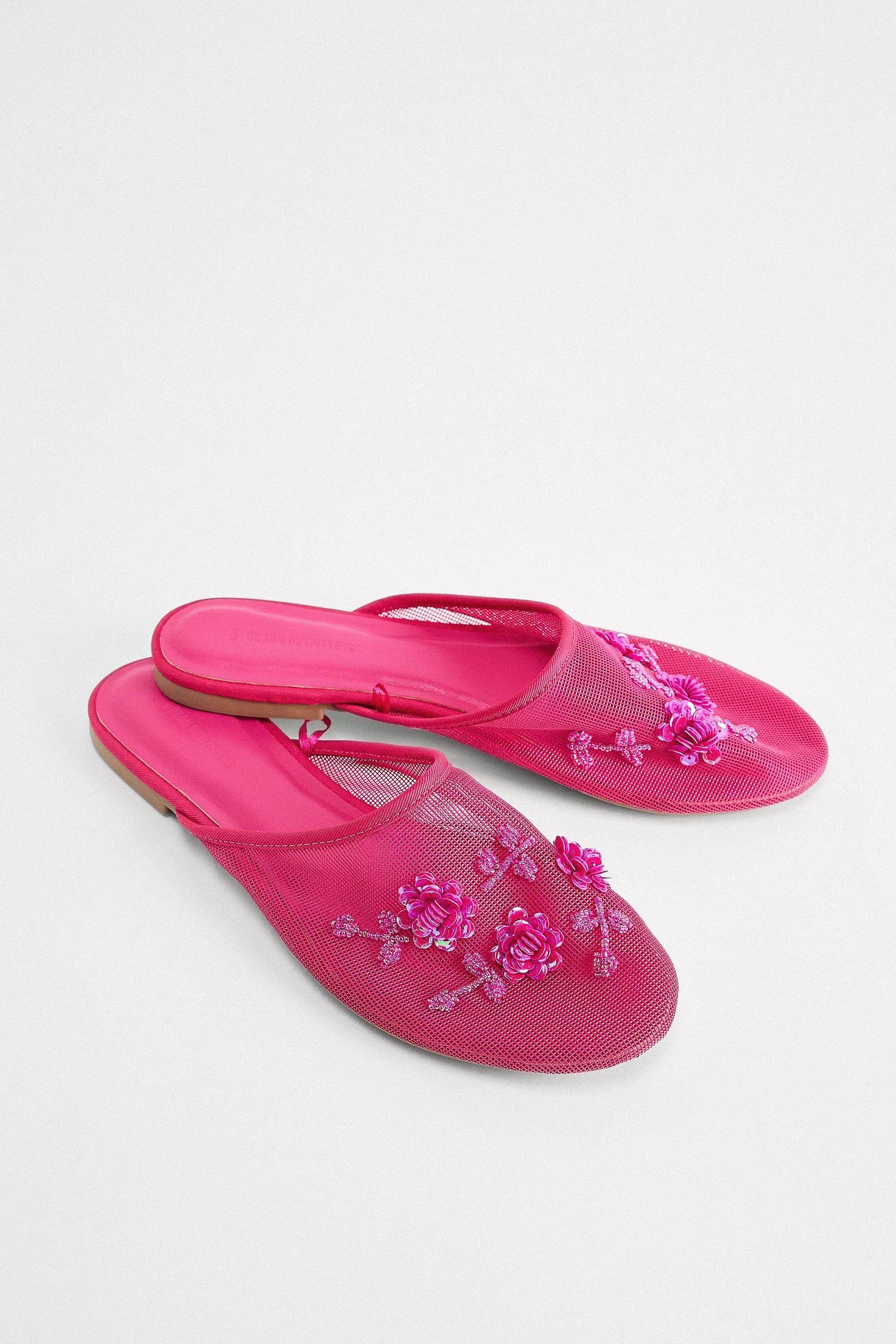 UO Embellished Mesh Flat Mules, PINK, medium