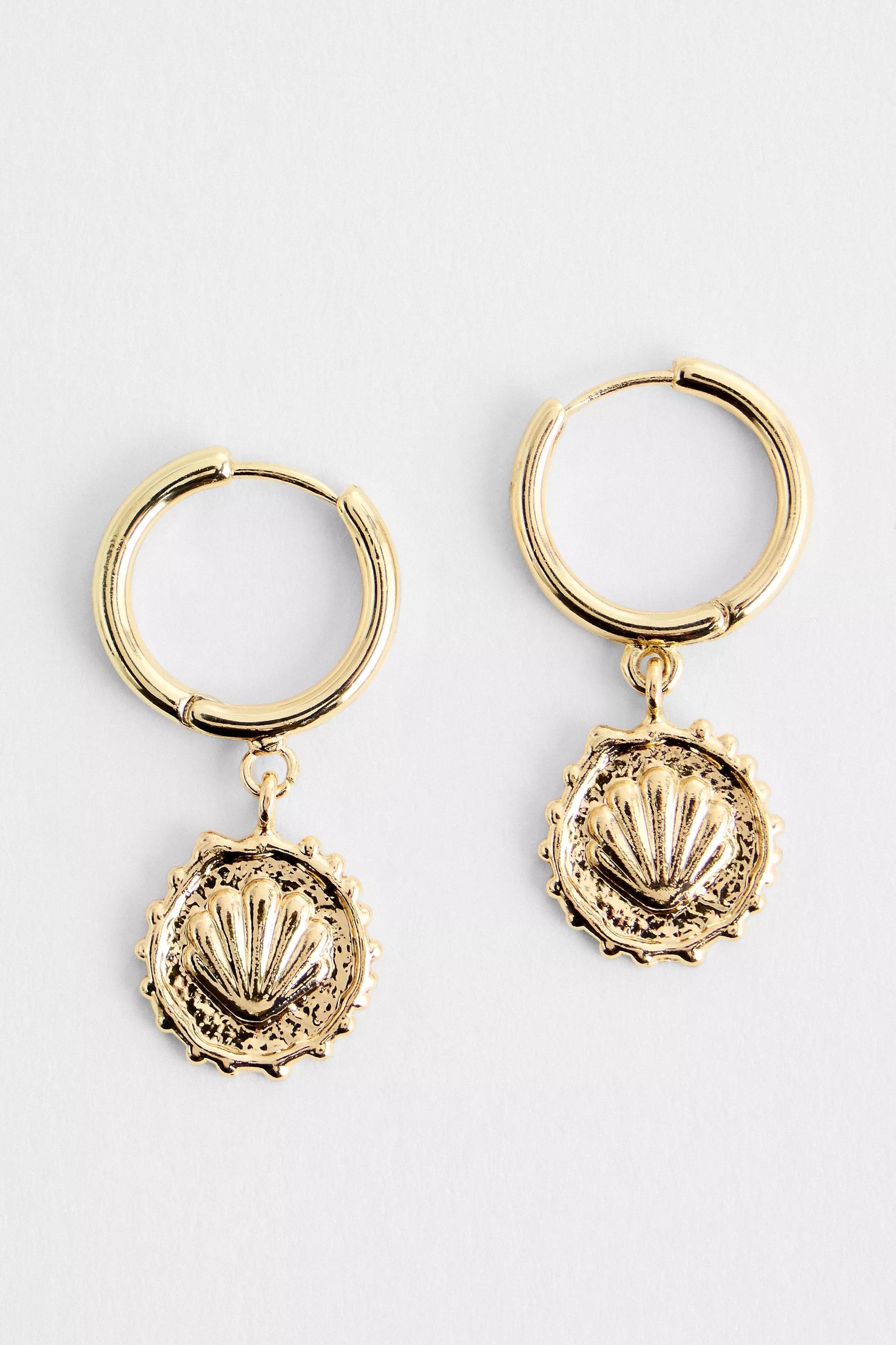 Gold Silence + Noise Shell Stamped Coin Hoop Earrings, GOLD, large image number 0