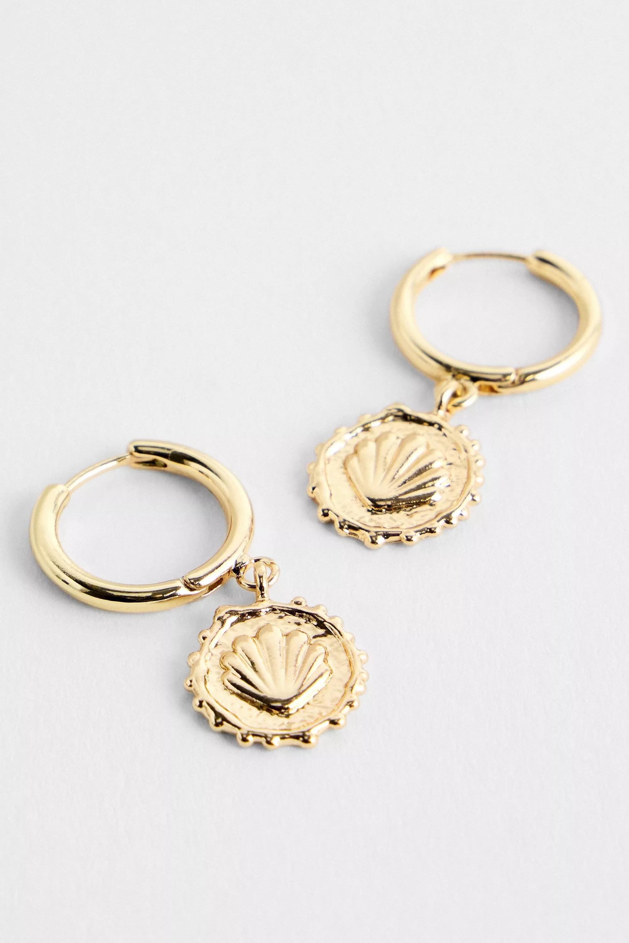Gold Silence + Noise Shell Stamped Coin Hoop Earrings, GOLD, large image number 1