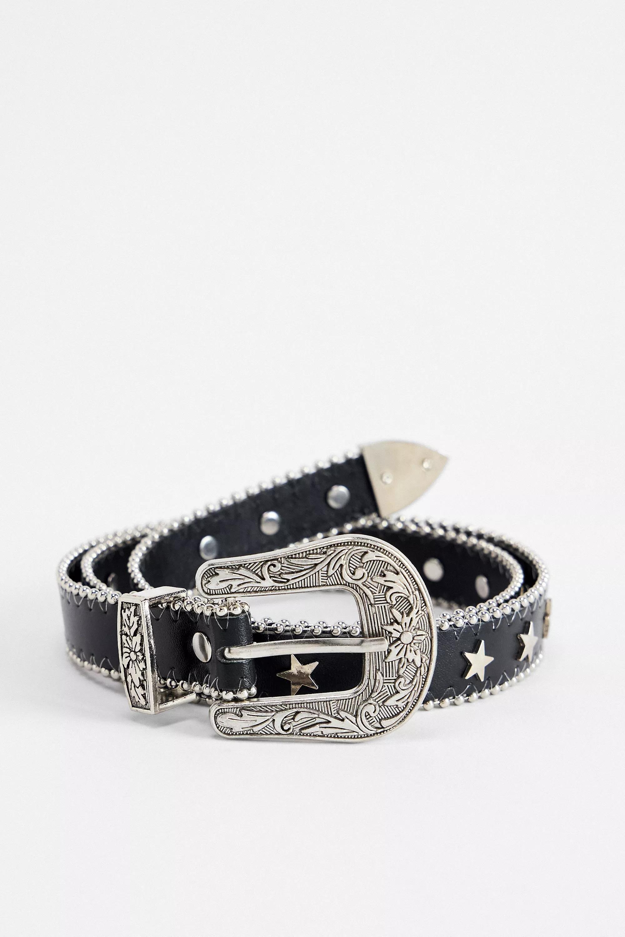 Black Uo Star Eyelet Skinny Faux Leather Belt, , large image number 1