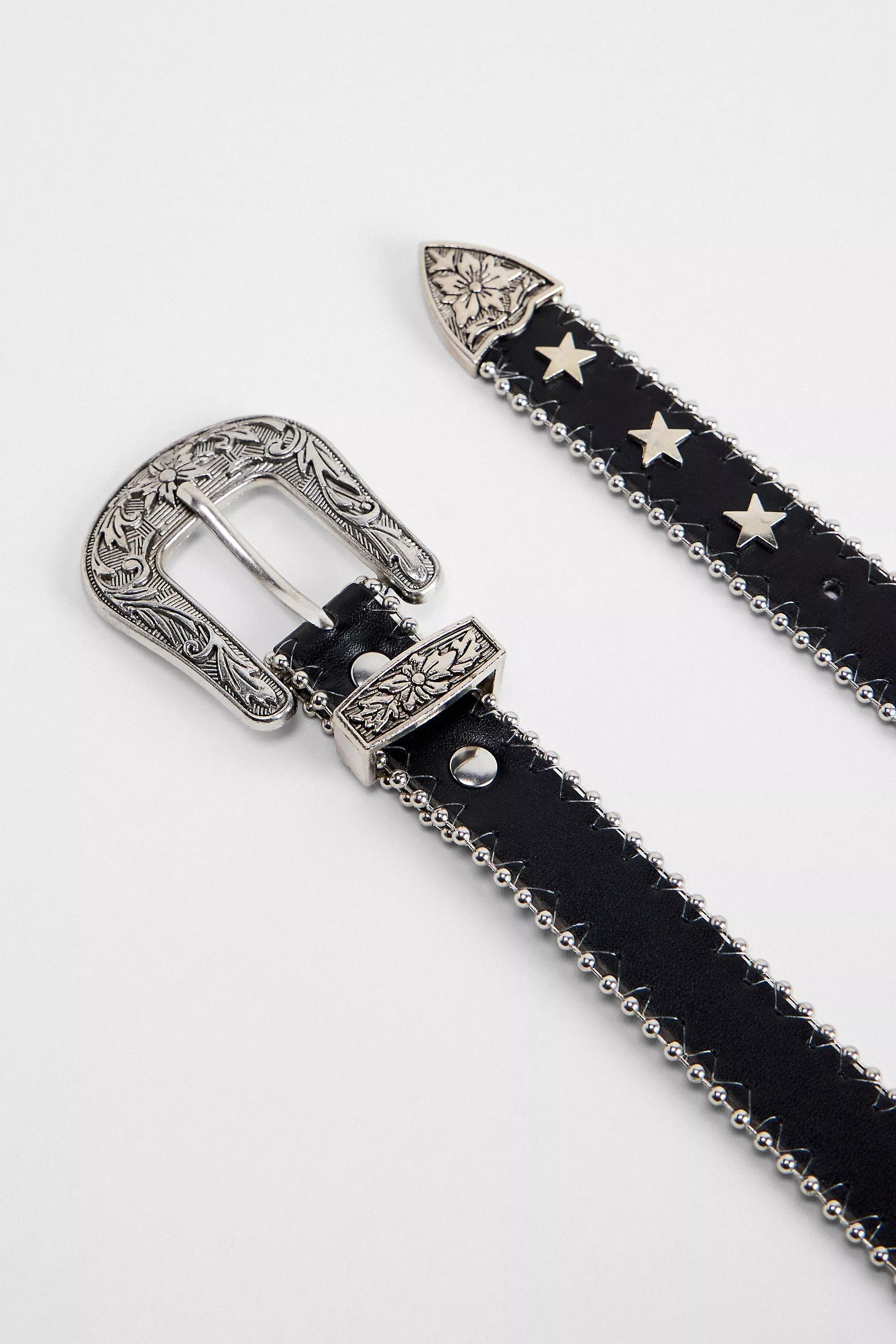 Black Uo Star Eyelet Skinny Faux Leather Belt, , large image number 2
