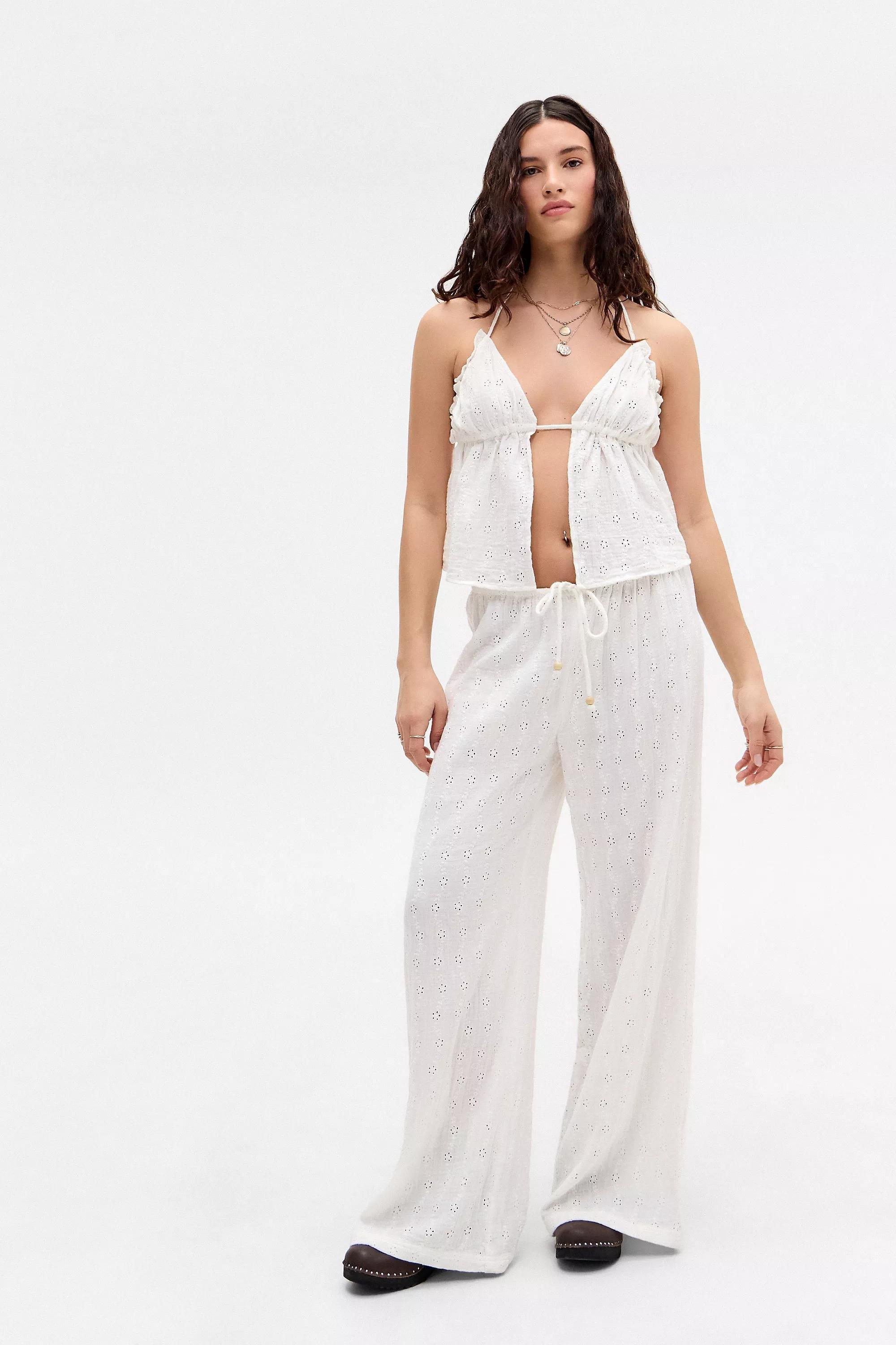 UO Broderie Tie-Back Crop Top, WHT, large image number 4