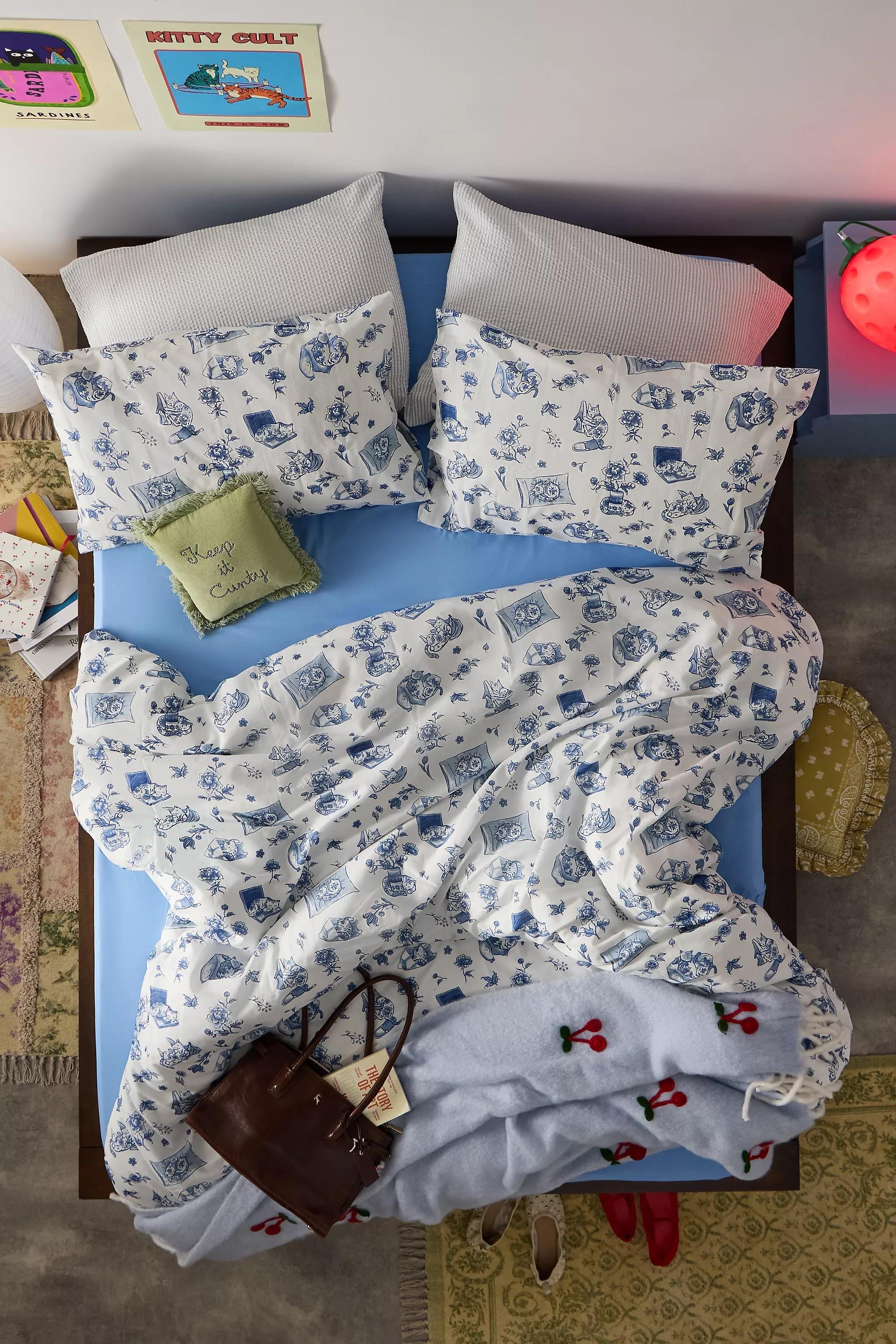 Blue Delft Cat Duvet Set, BLUE, medium