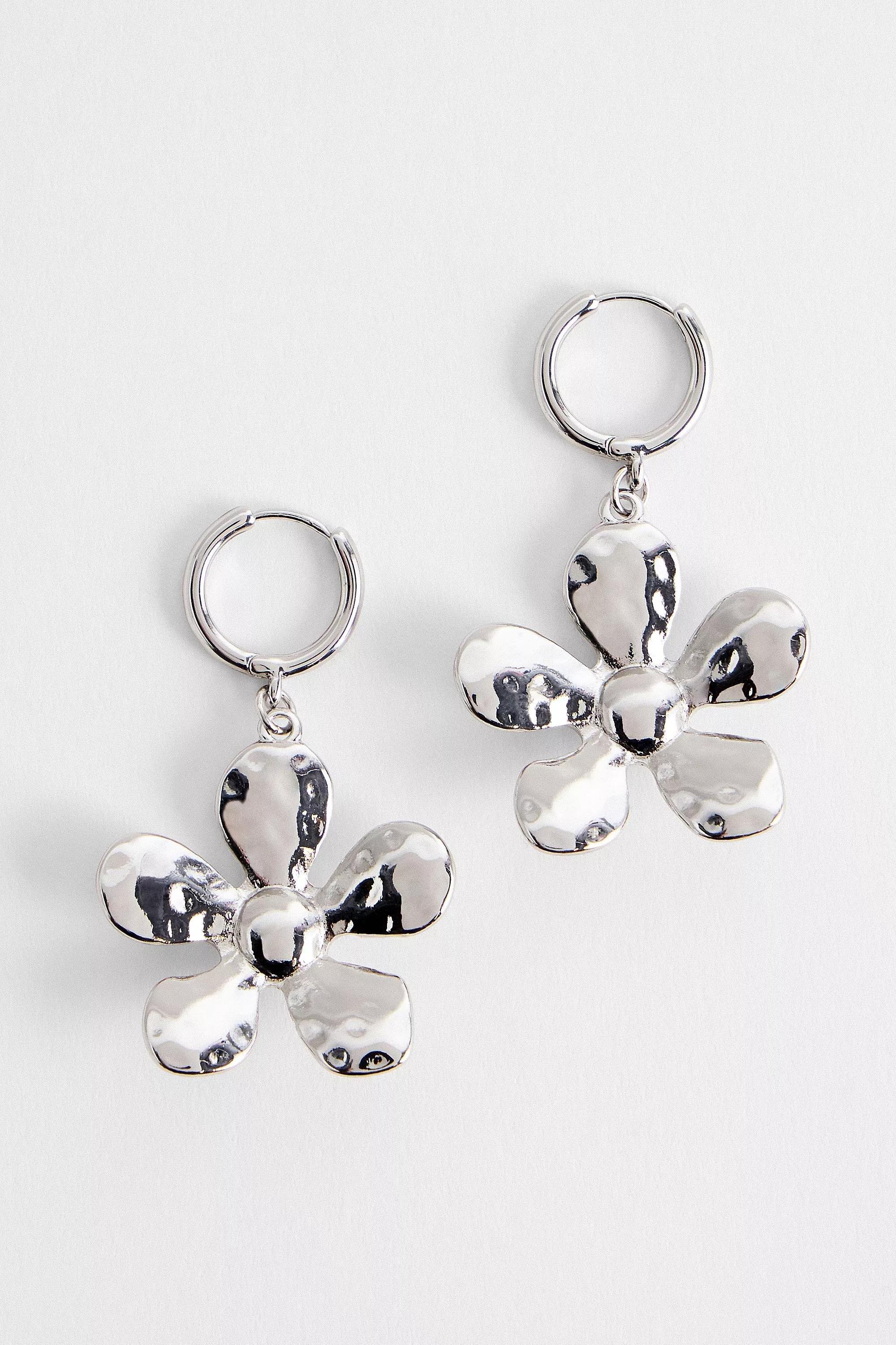 Silver Silence + Noise Hammered Flower Drop Hoop Earrings, SLVR, large image number 0