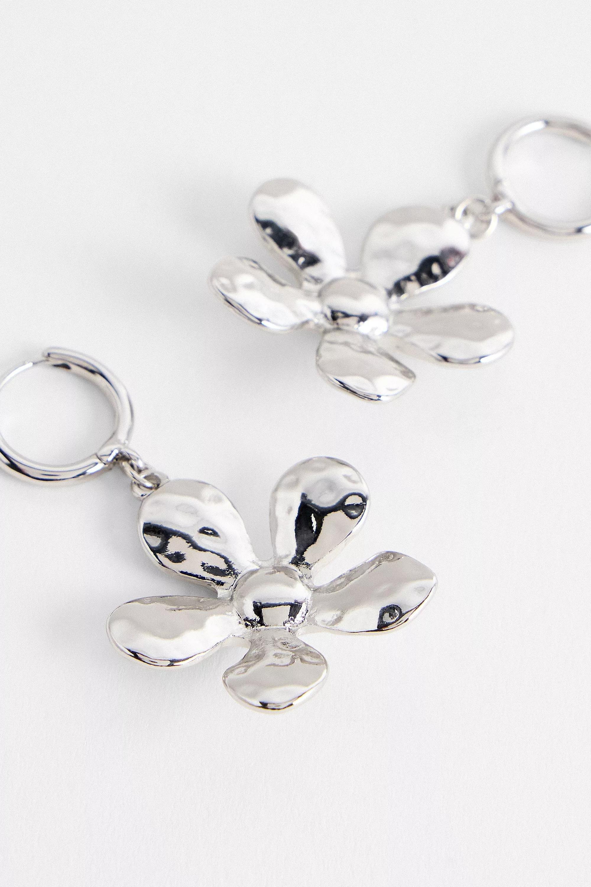 Silver Silence + Noise Hammered Flower Drop Hoop Earrings, SLVR, large image number 1