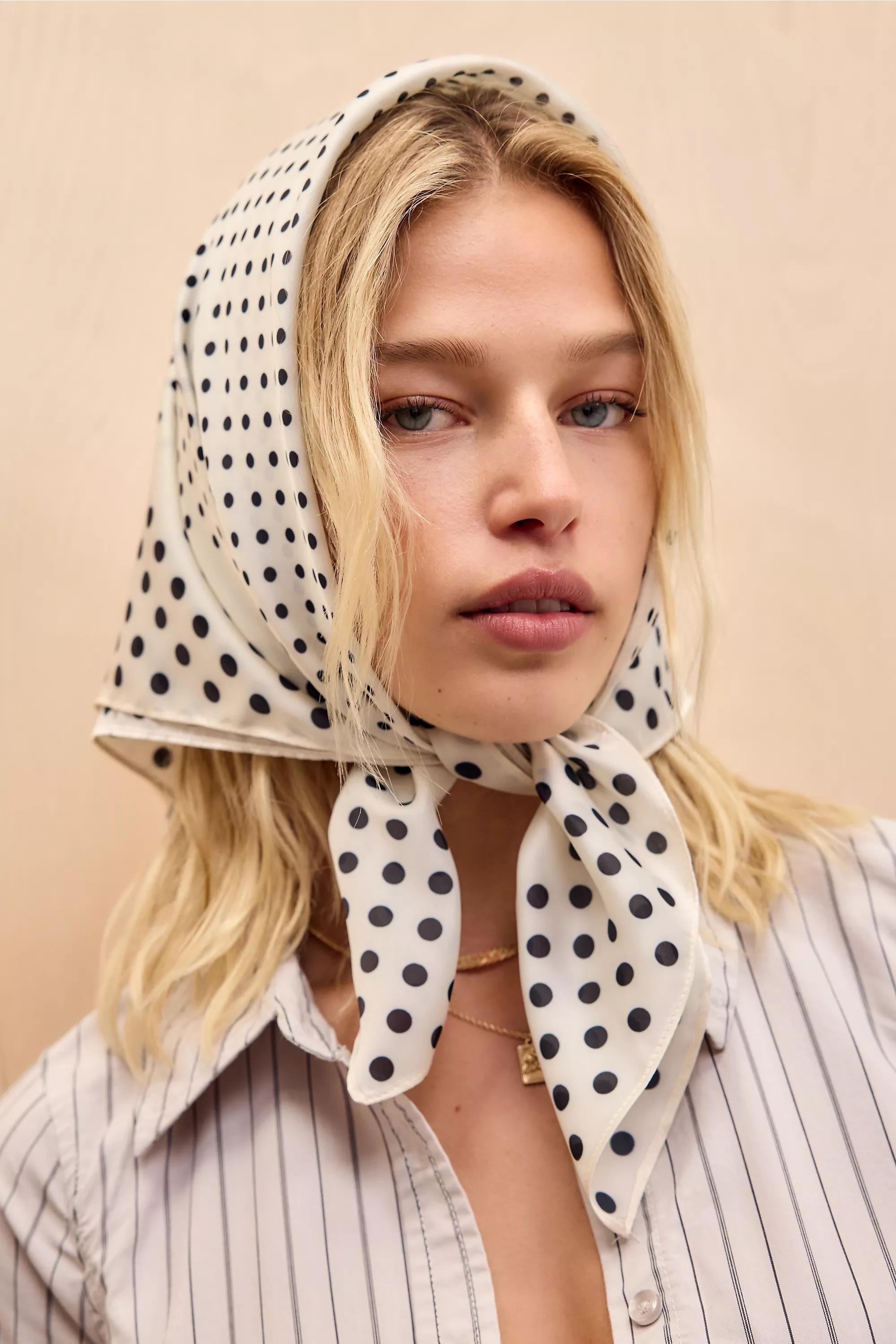 White Uo Silky Warped Polka Dot Headscarf, WHT, large image number 0