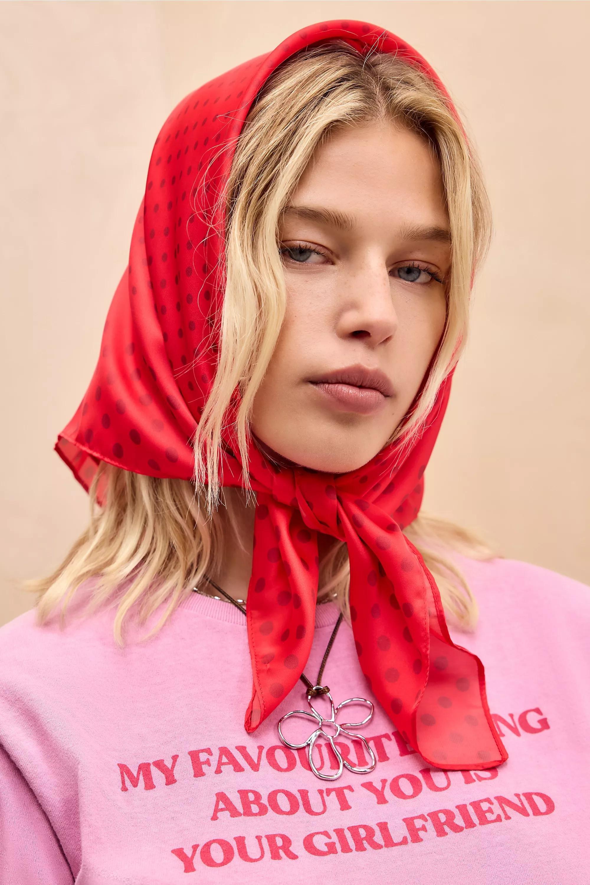 Red UO Silky Warped Polka Dot Headscarf, RED, large image number 0