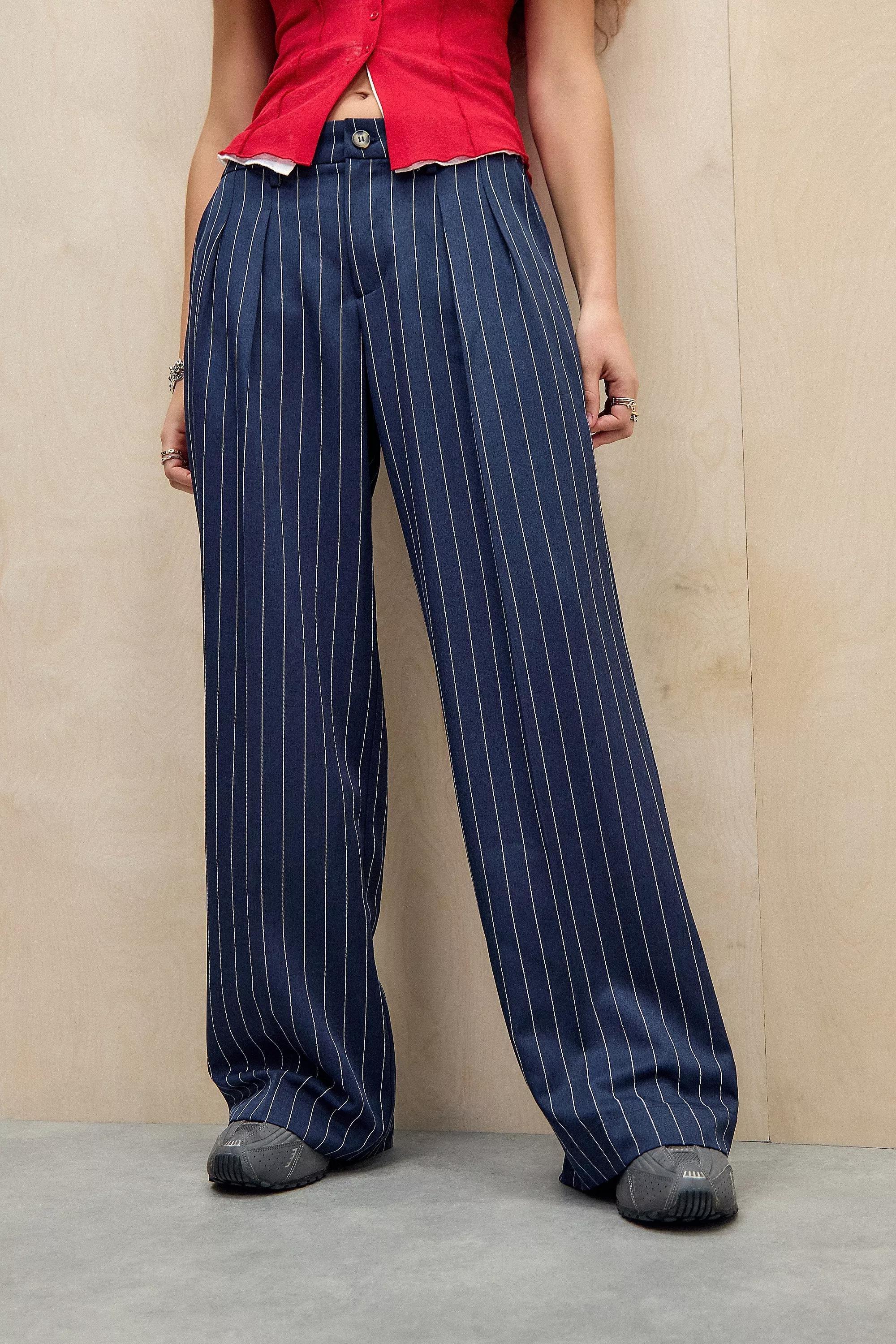 Navy Pinstripe Low Rise Trousers, , large image number 1
