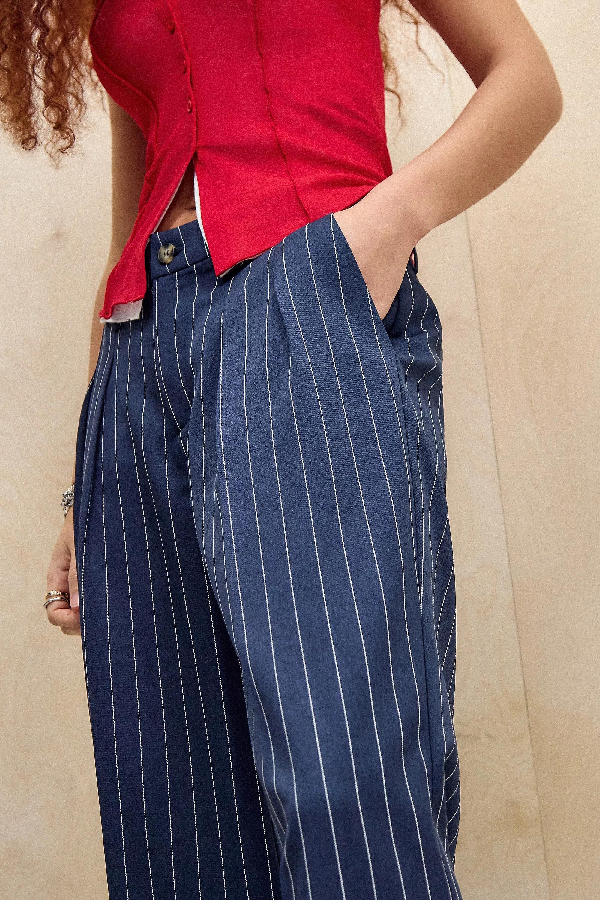 Navy Pinstripe Low Rise Trousers, , large image number 3
