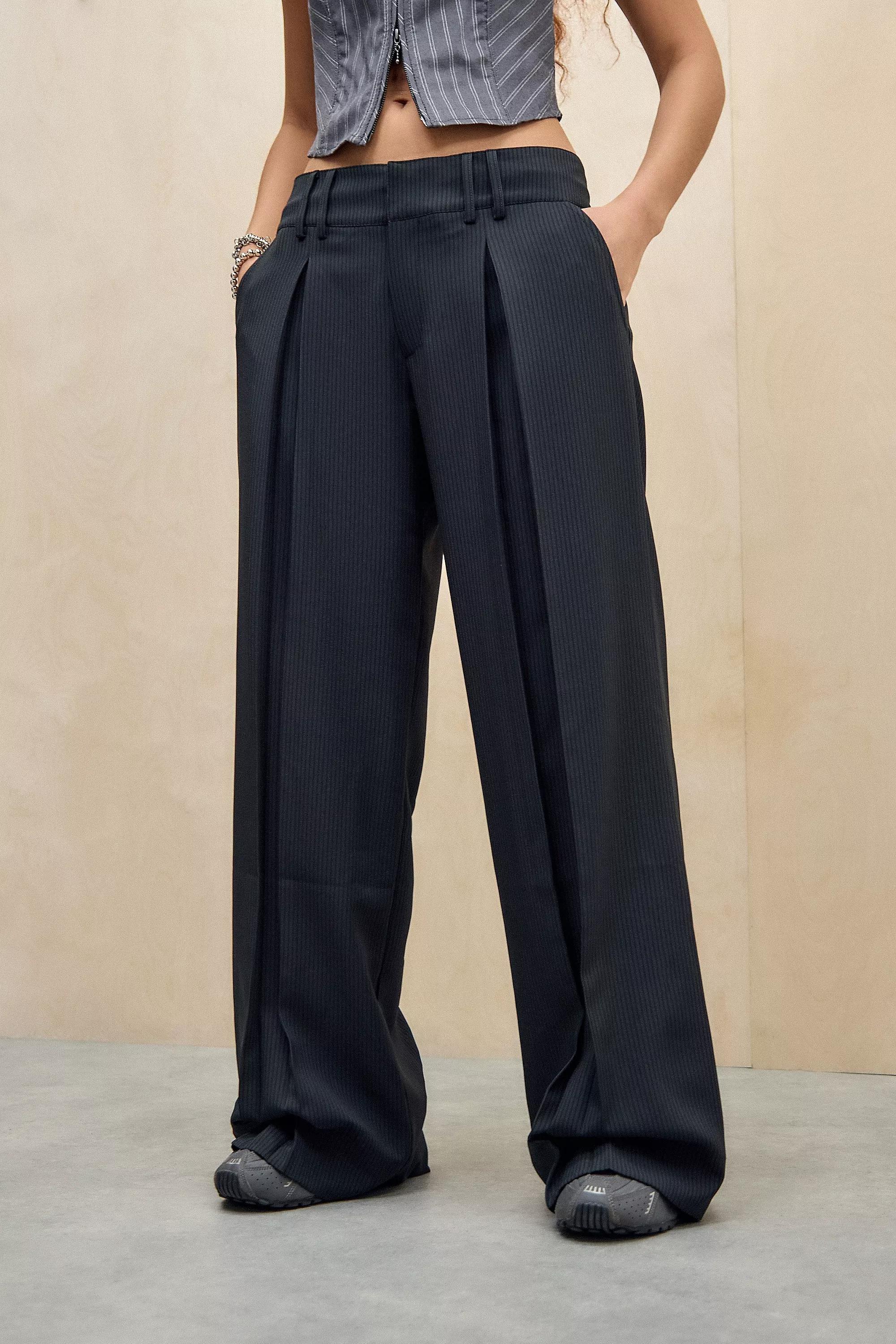 Black Pinstripe Low Rise Trousers, , large image number 0